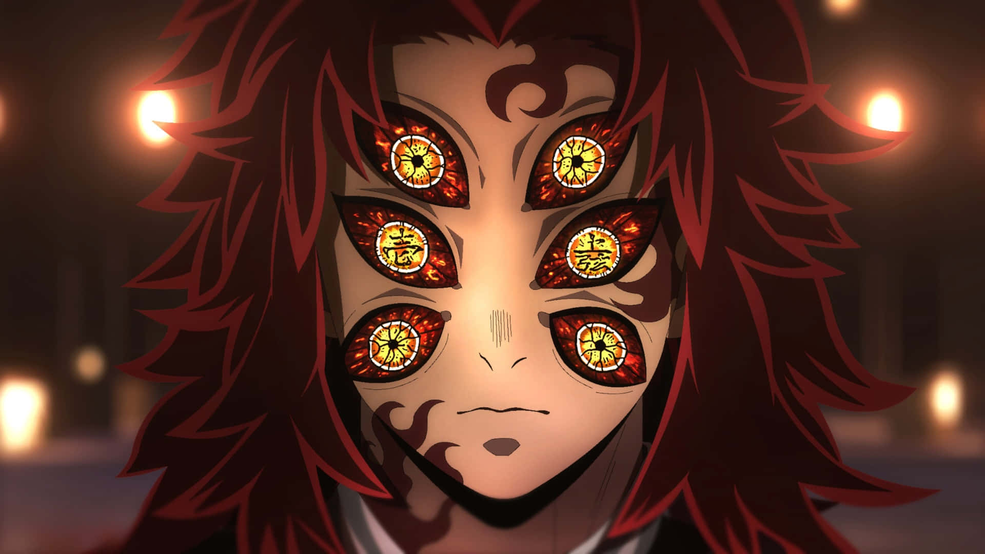 demonic anime villain, six glowing red eyes, fiery patterns, Full HD Desktop Wallpaper
