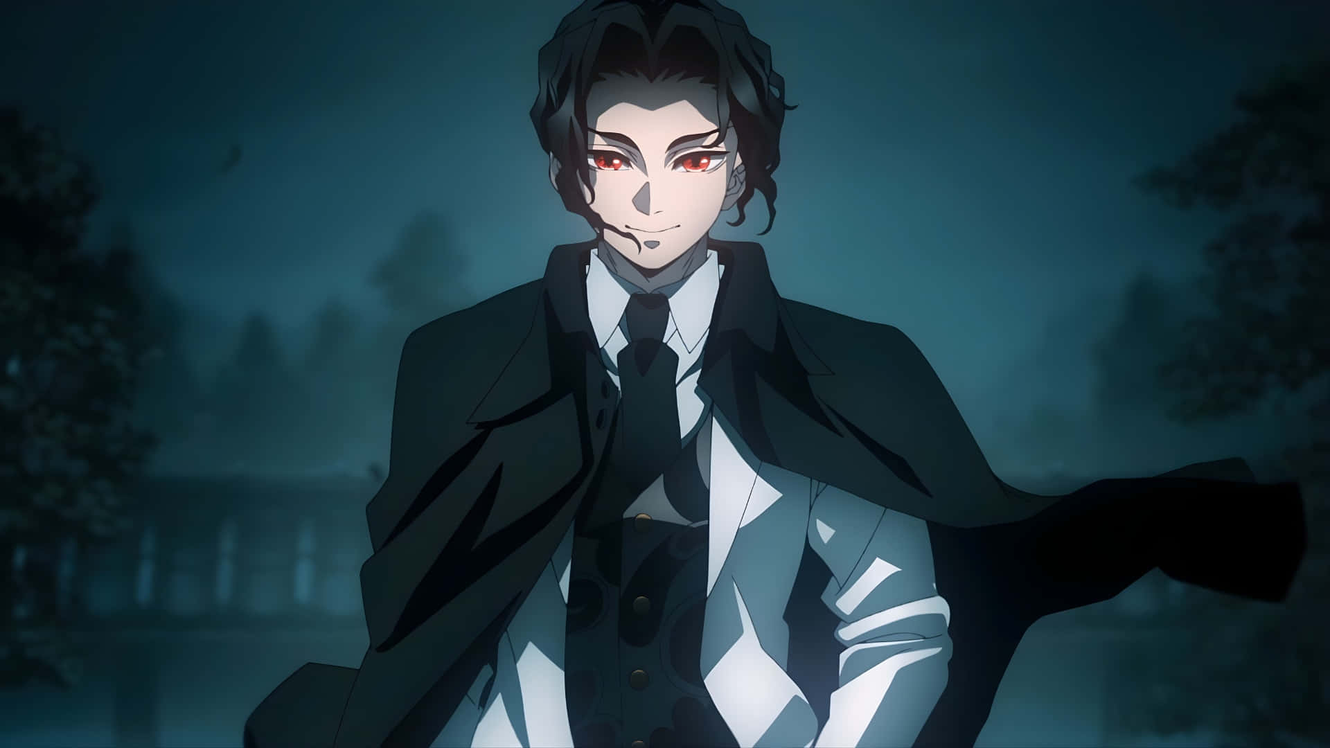 dark-haired anime man, glowing red eyes, black coat, Full HD Desktop Wallpaper