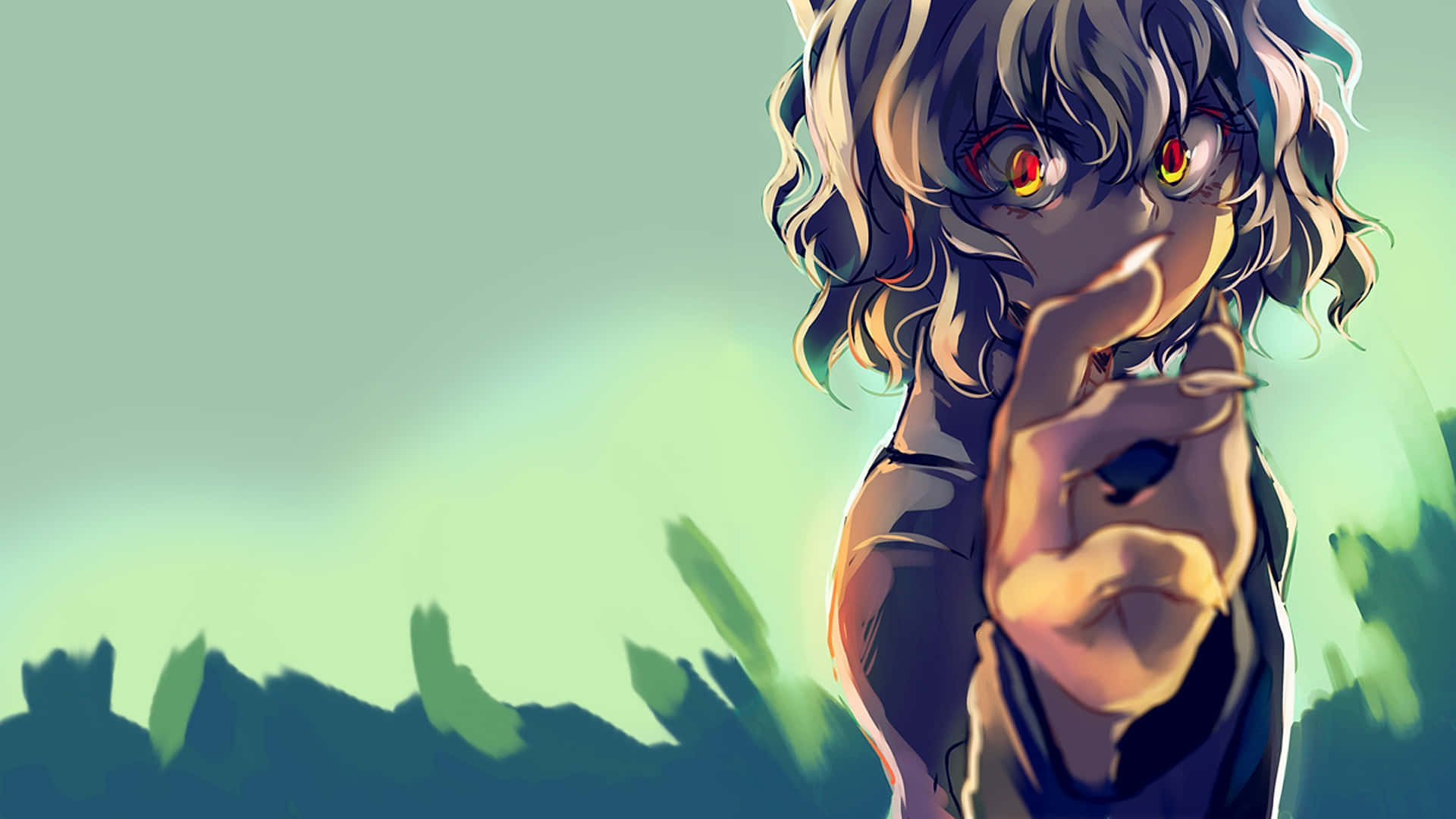 anime girl, fiery red eyes, wavy gray hair, Full HD Desktop Wallpaper