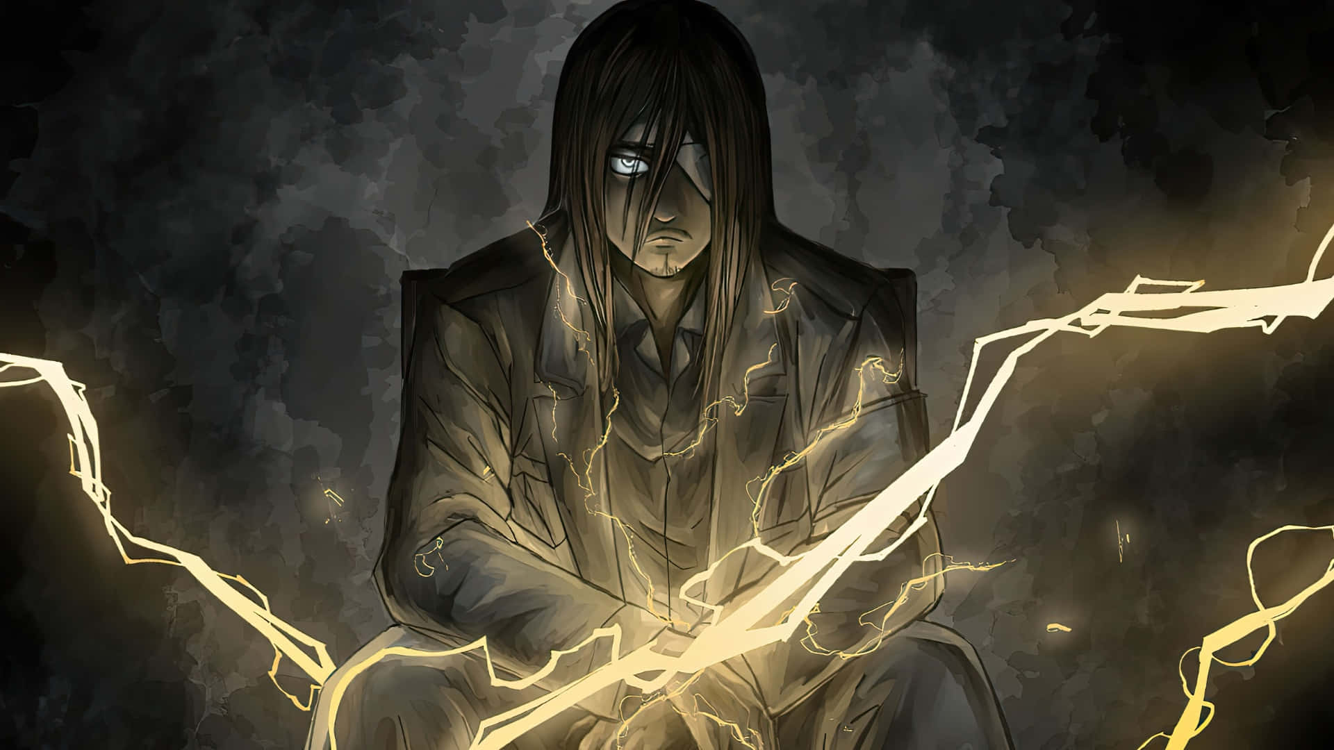 dark-haired anime character, glowing yellow lightning, stormy gray background, Full HD Desktop Wallpaper