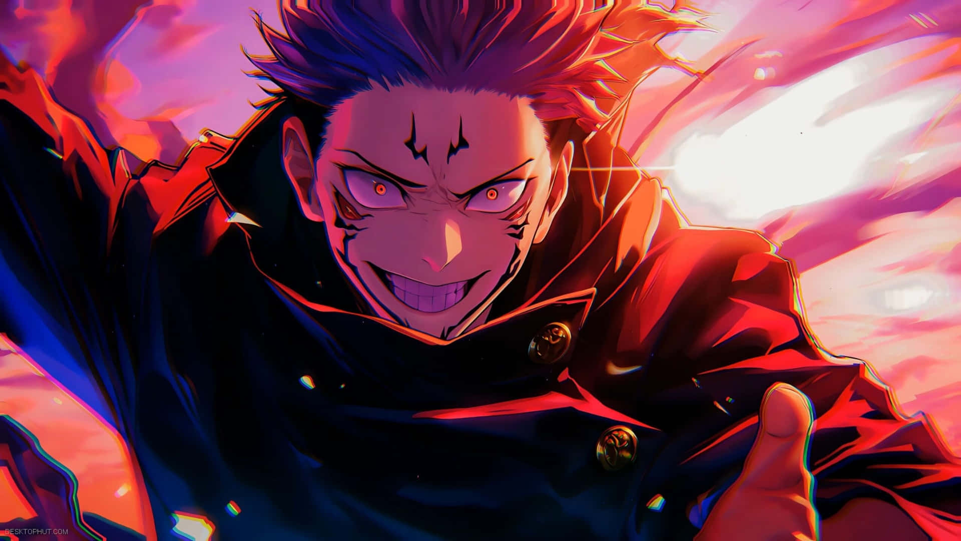 spiky red hair, glowing eyes, dark coat, Full HD Desktop Wallpaper