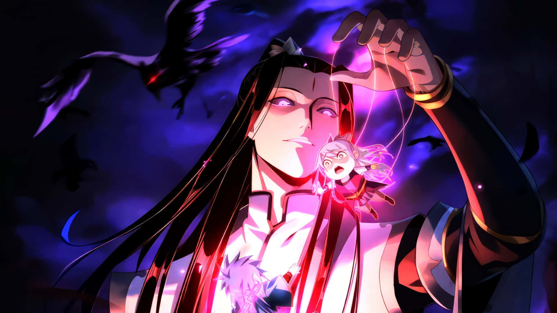 dark sorcerer, glowing purple eyes, glowing strings, Full HD Desktop Wallpaper