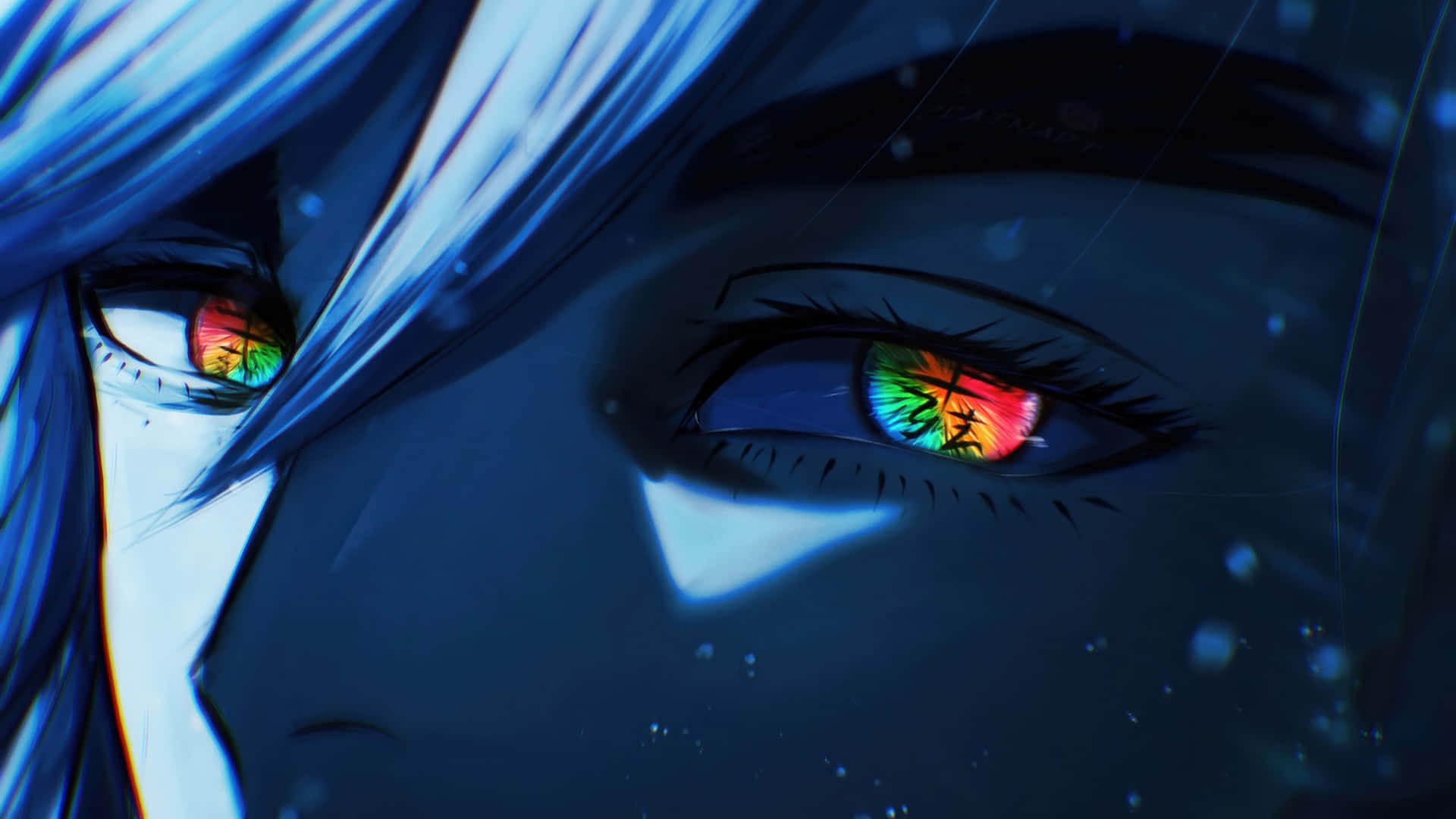 anime villain, rainbow eyes, dark blue hair, Full HD Desktop Wallpaper