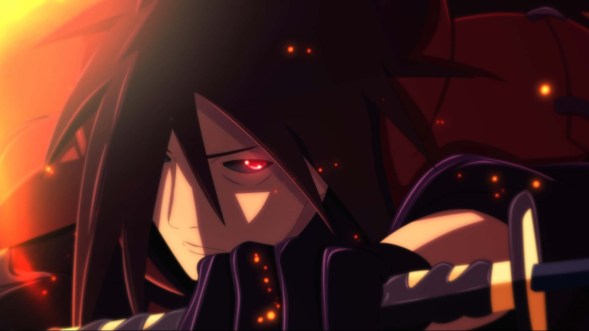 dark-haired anime warrior, glowing red eyes, sword, Full HD Desktop Wallpaper