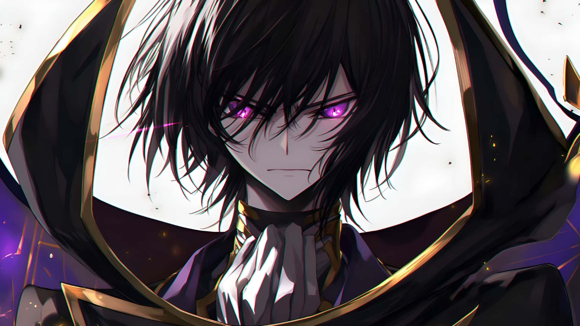 dark-haired anime character, glowing purple eyes, gold-trimmed cloak, Full HD Desktop Wallpaper