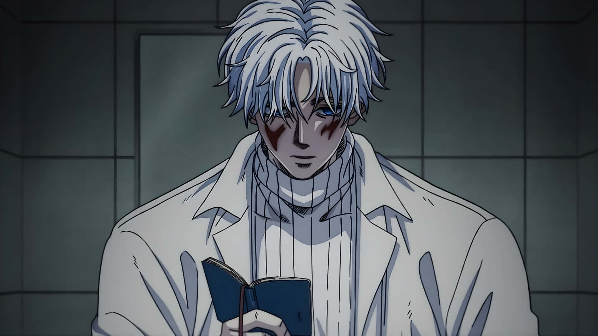 silver-haired anime man, blood on his cheek, blue book, Full HD Desktop Wallpaper