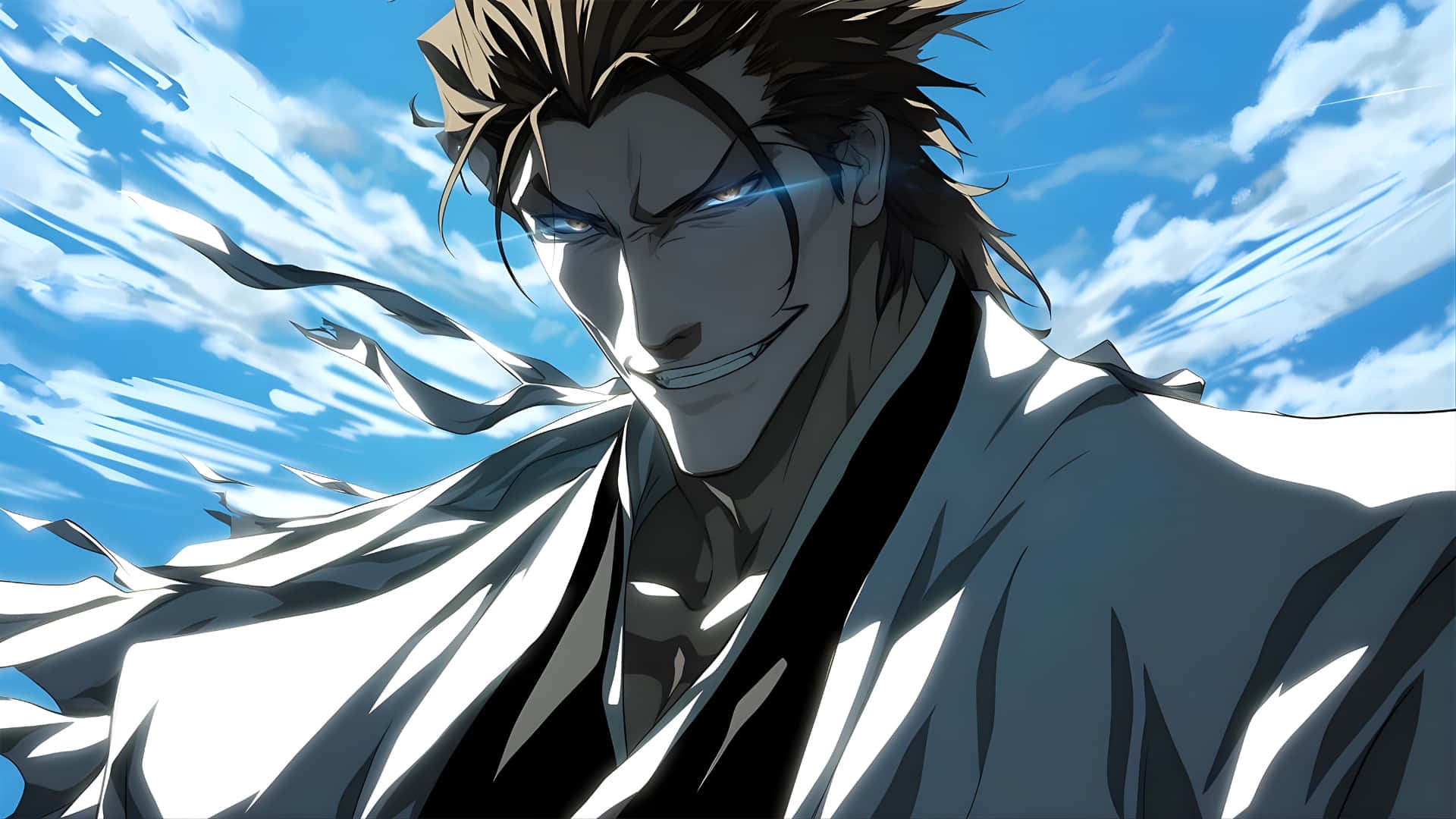 anime villain, spiky brown hair, glowing blue eyes, Full HD Desktop Wallpaper