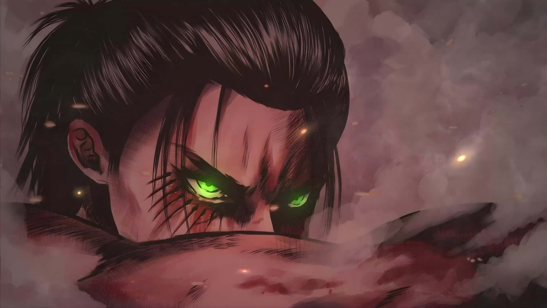 anime villain, glowing green eyes, dark hair, Full HD Desktop Wallpaper