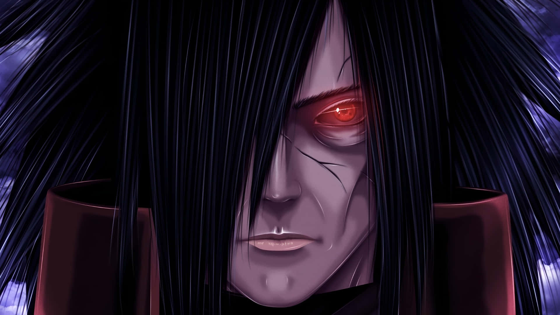 anime character, long black hair, glowing red eye, Full HD Desktop Wallpaper