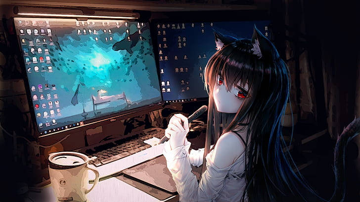 anime girl, cat-eared, red eyes, SD Desktop Wallpaper