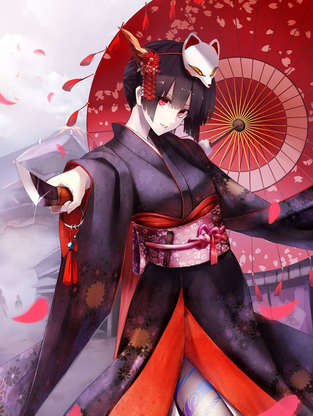 anime girl, purple kimono, red accents, HD Phone Wallpaper