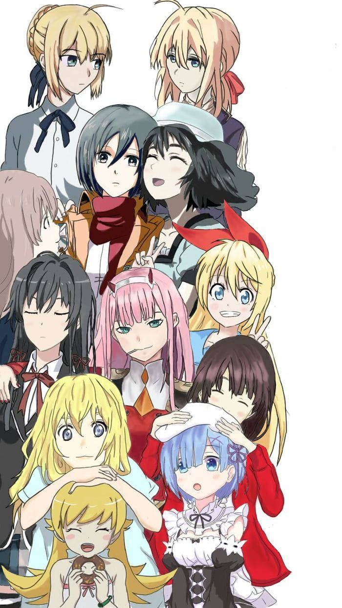 Anime Waifu, portrait collage, diverse female characters, SD Phone Wallpaper