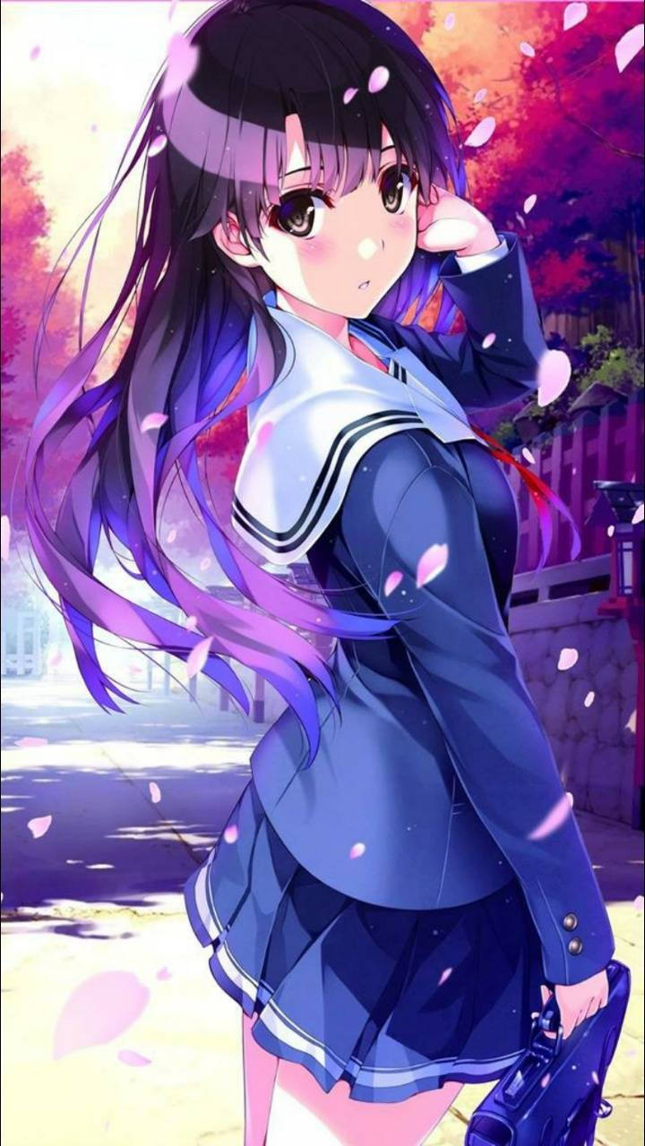 anime waifu, schoolgirl, cherry blossoms, HD Phone Wallpaper