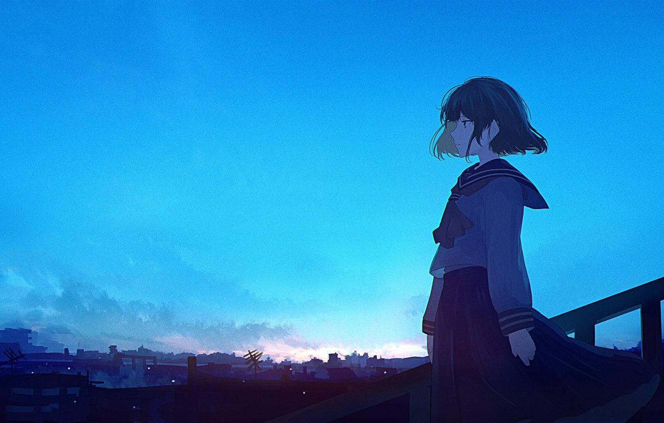 anime waifu, sailor uniform, rooftop, HD Desktop Wallpaper