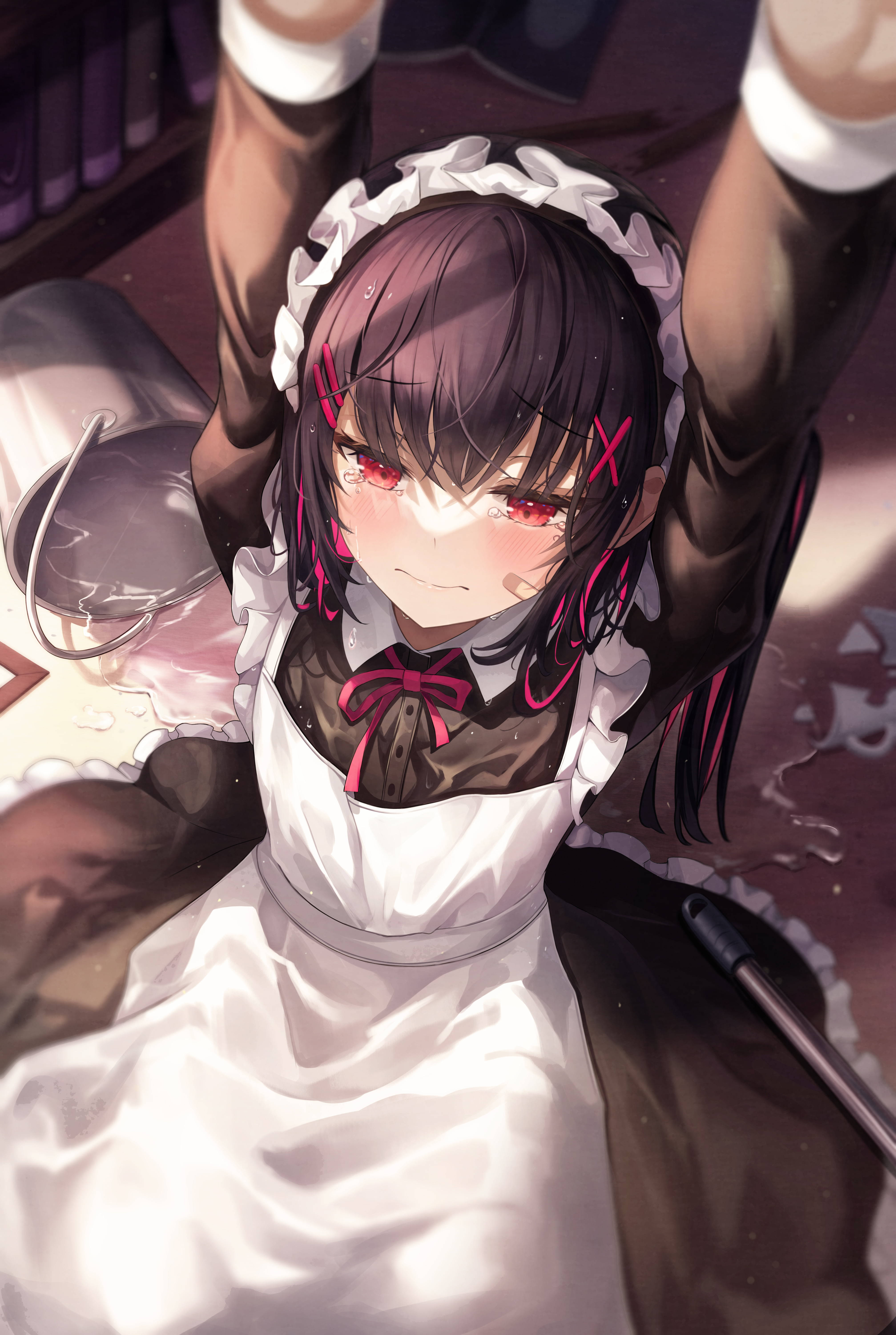 anime waifu, maid outfit, dark-haired, 5K Phone Wallpaper