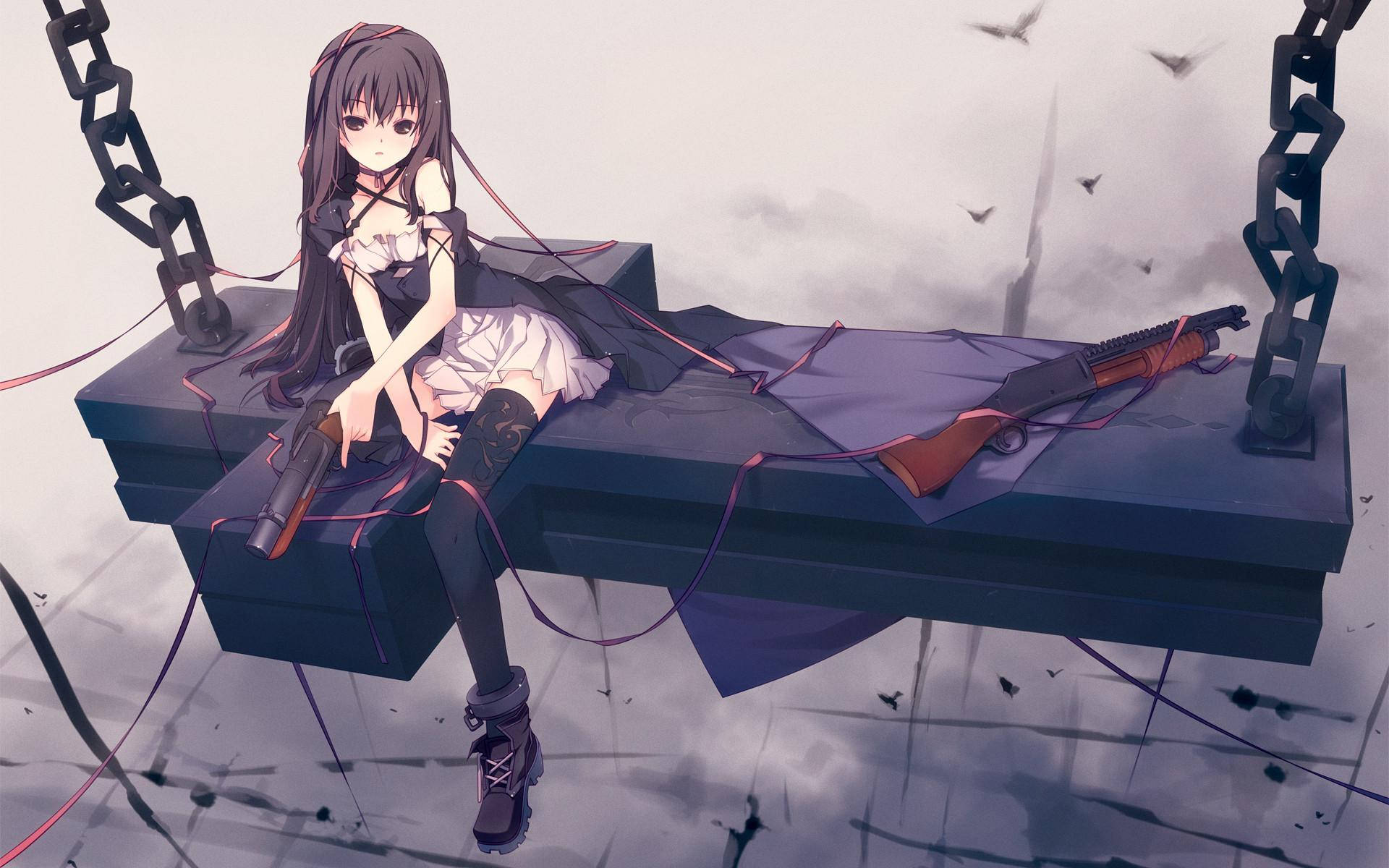 anime waifu, long dark hair, suspended platform, Full HD Desktop Wallpaper