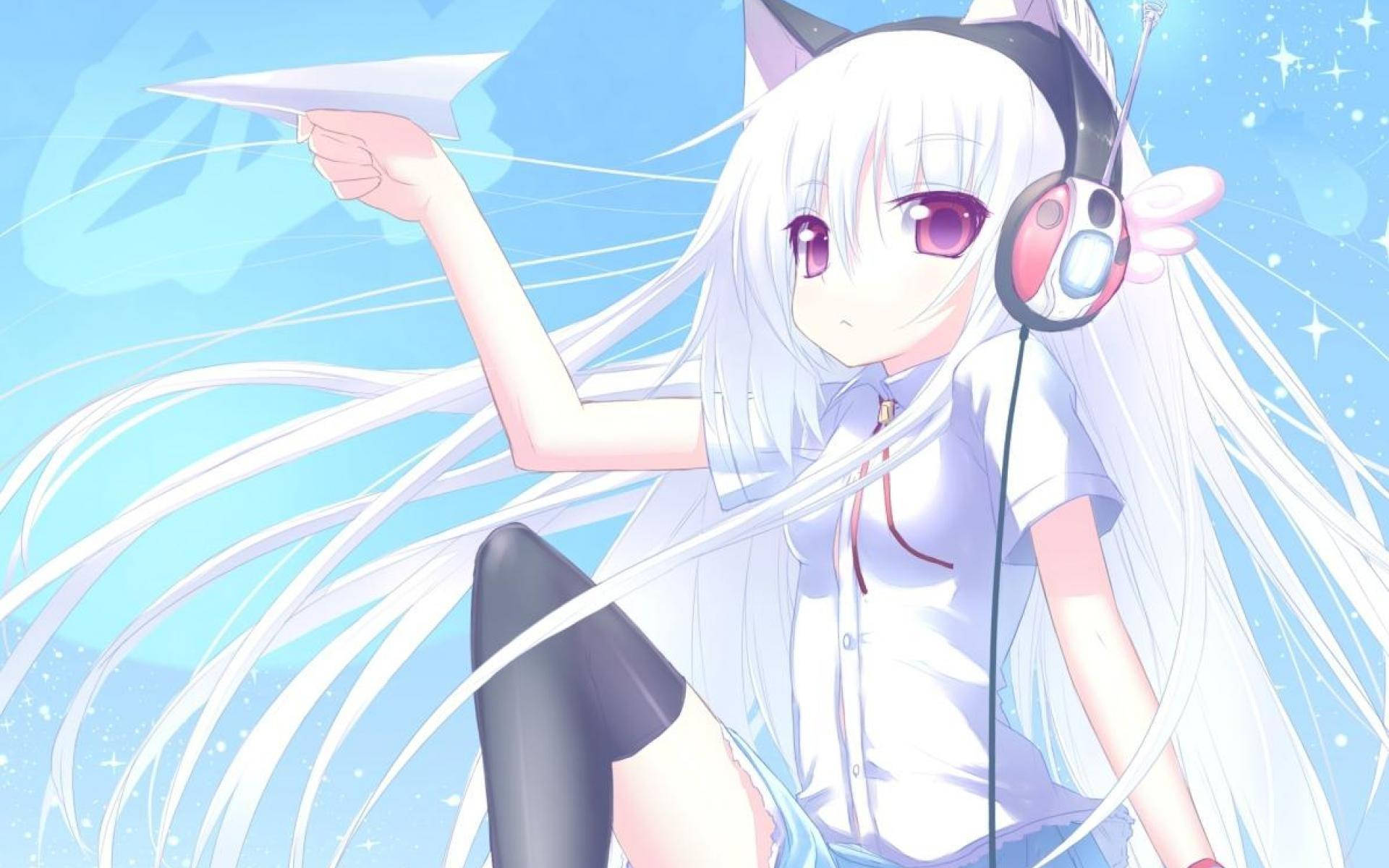 anime waifu, cat girl, headphones, Full HD Desktop Wallpaper