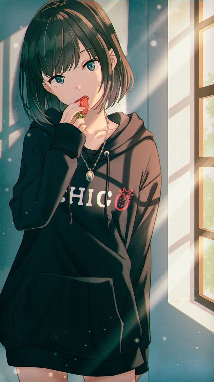 anime waifu, strawberry, black hoodie, HD Phone Wallpaper