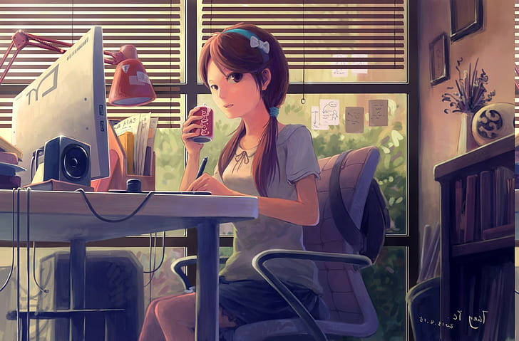 anime girl, soda can, laptop, SD Desktop Wallpaper