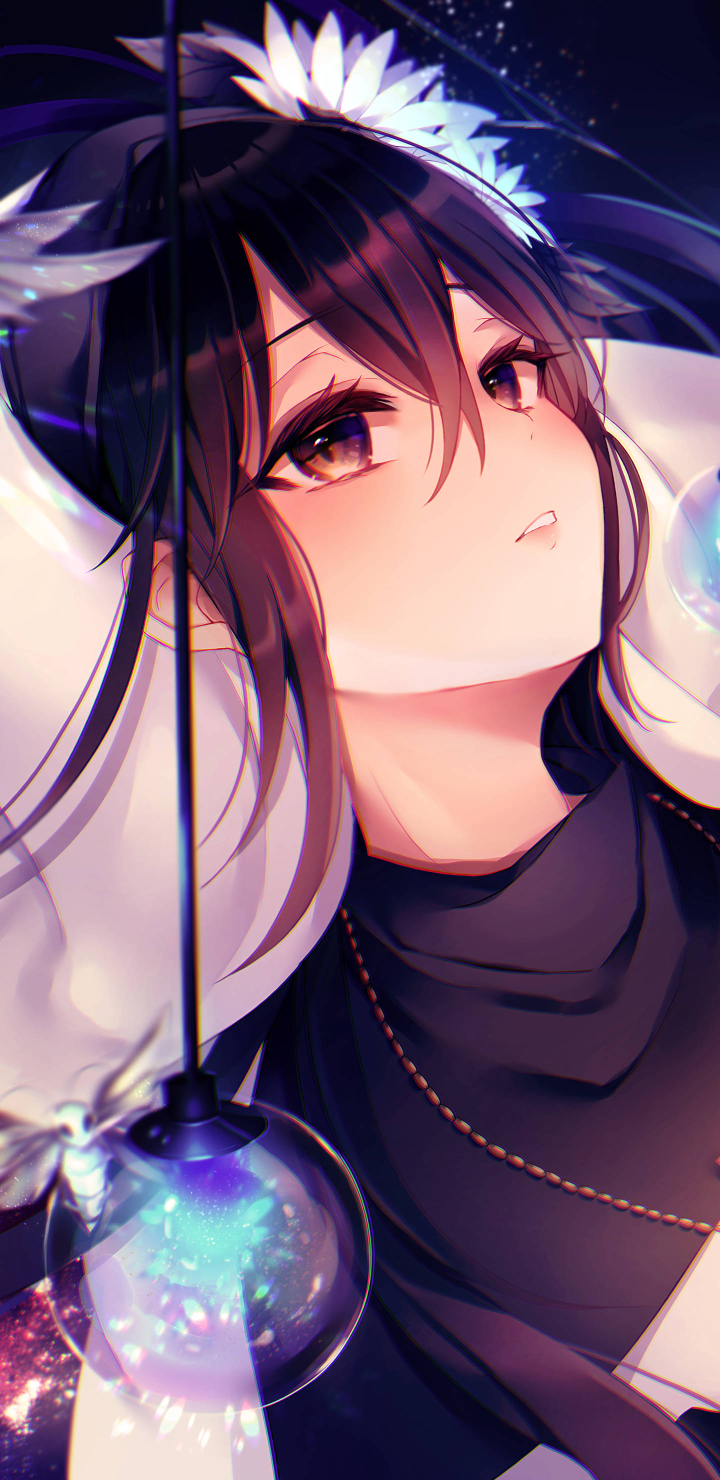 Waifu, dark hair, white flower crown, 2K Phone Wallpaper