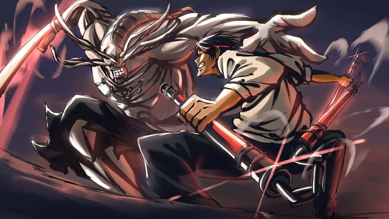 swordsman, monstrous horned creature, fiery red energy streaks, HD Desktop Wallpaper