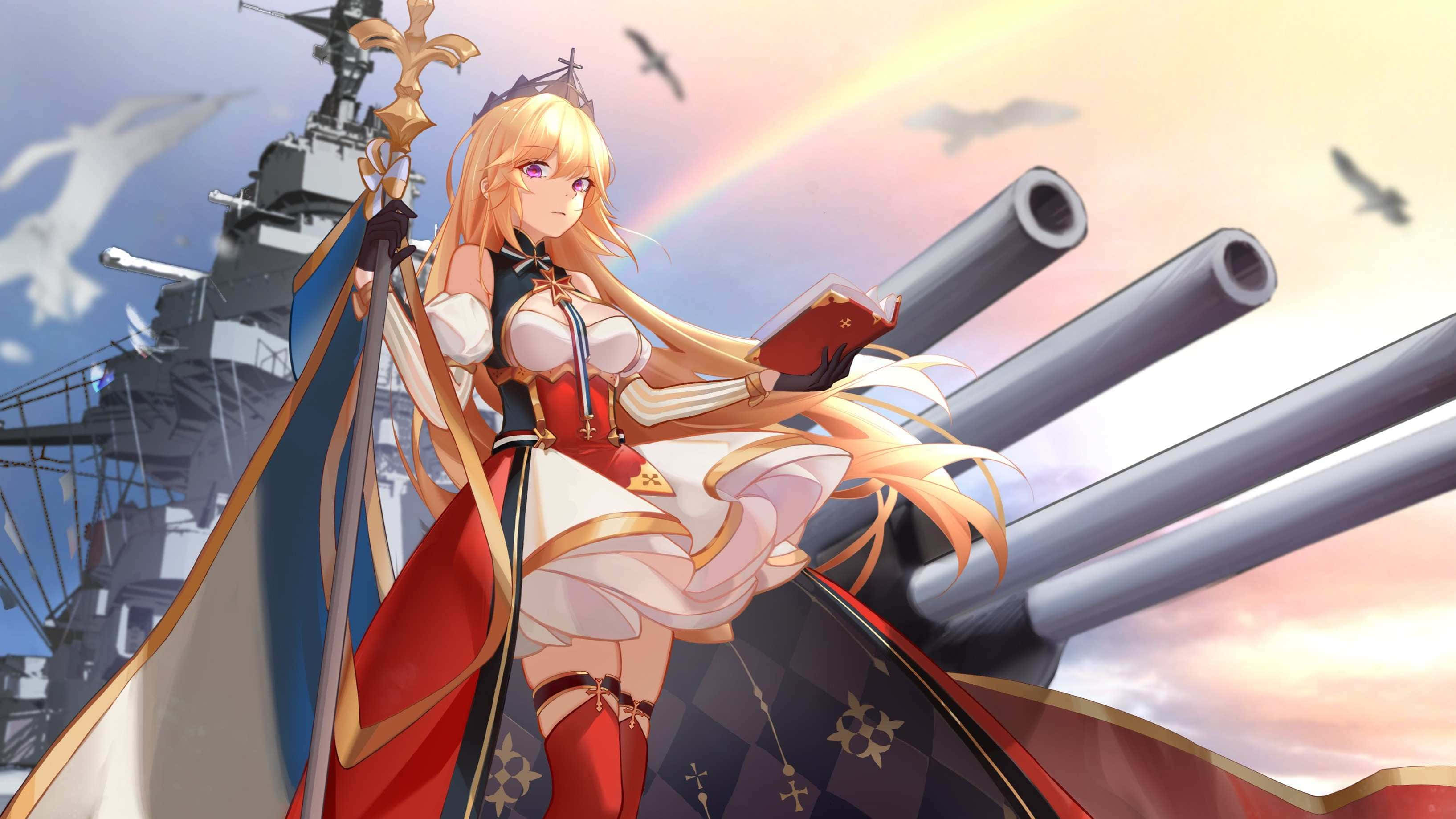 Anime War, battleship, red and white dress, 2K Desktop Wallpaper