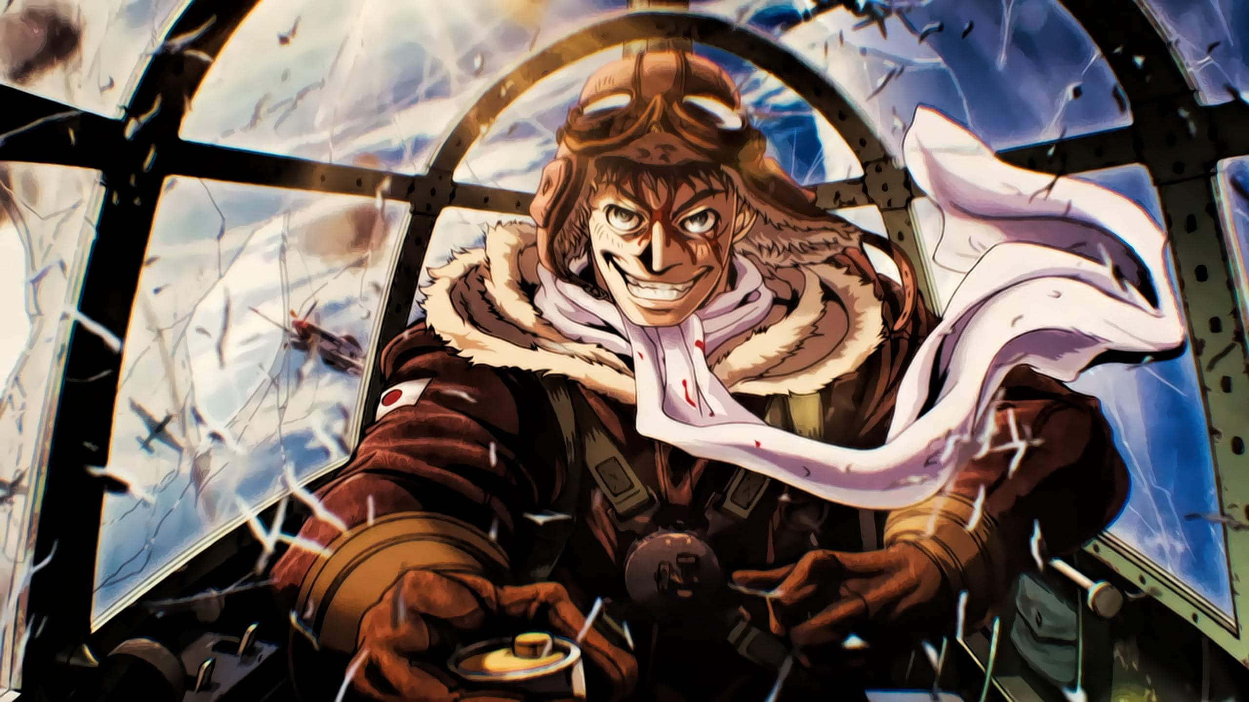 Anime War, vintage fighter plane cockpit, cracked glass, 2K Desktop Wallpaper