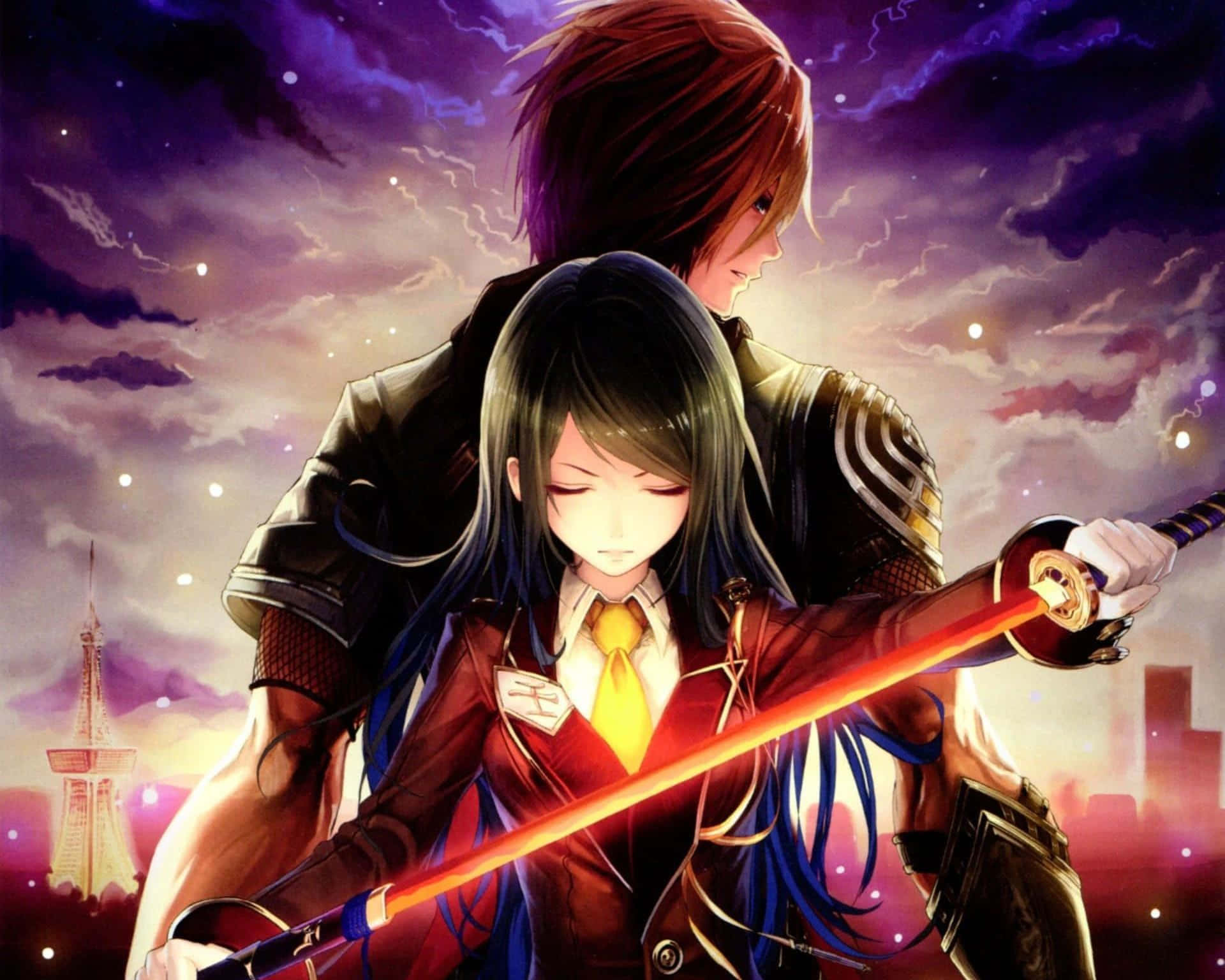 Anime War, blue hair, glowing red sword, Full HD Desktop Wallpaper
