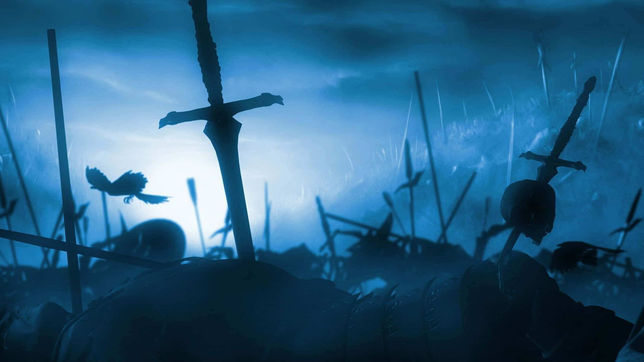 swords, spears, stormy blue battlefield, Full HD Desktop Wallpaper