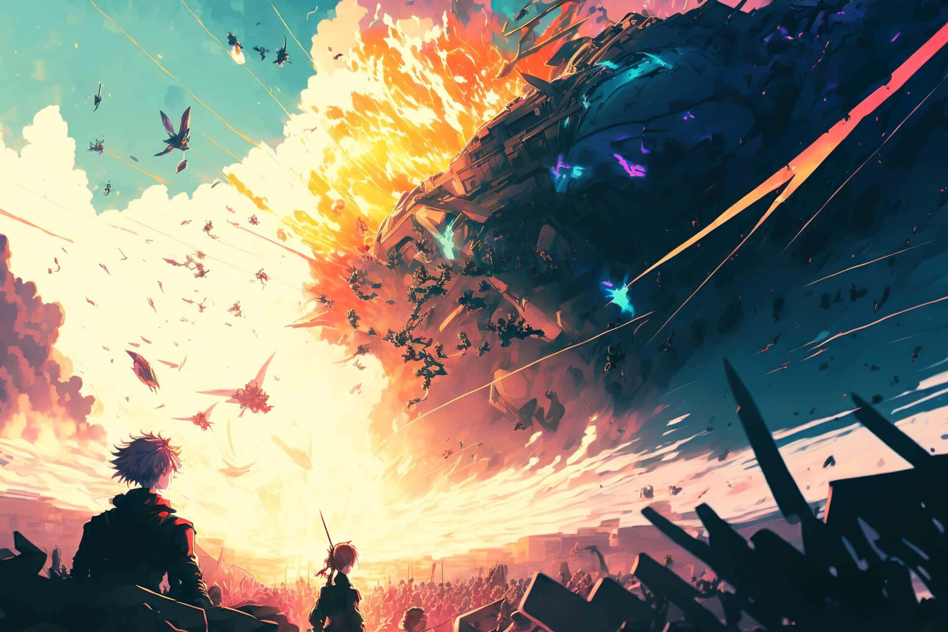 epic anime war scene, colossal spaceship, fiery orange and teal, Full HD Desktop Wallpaper