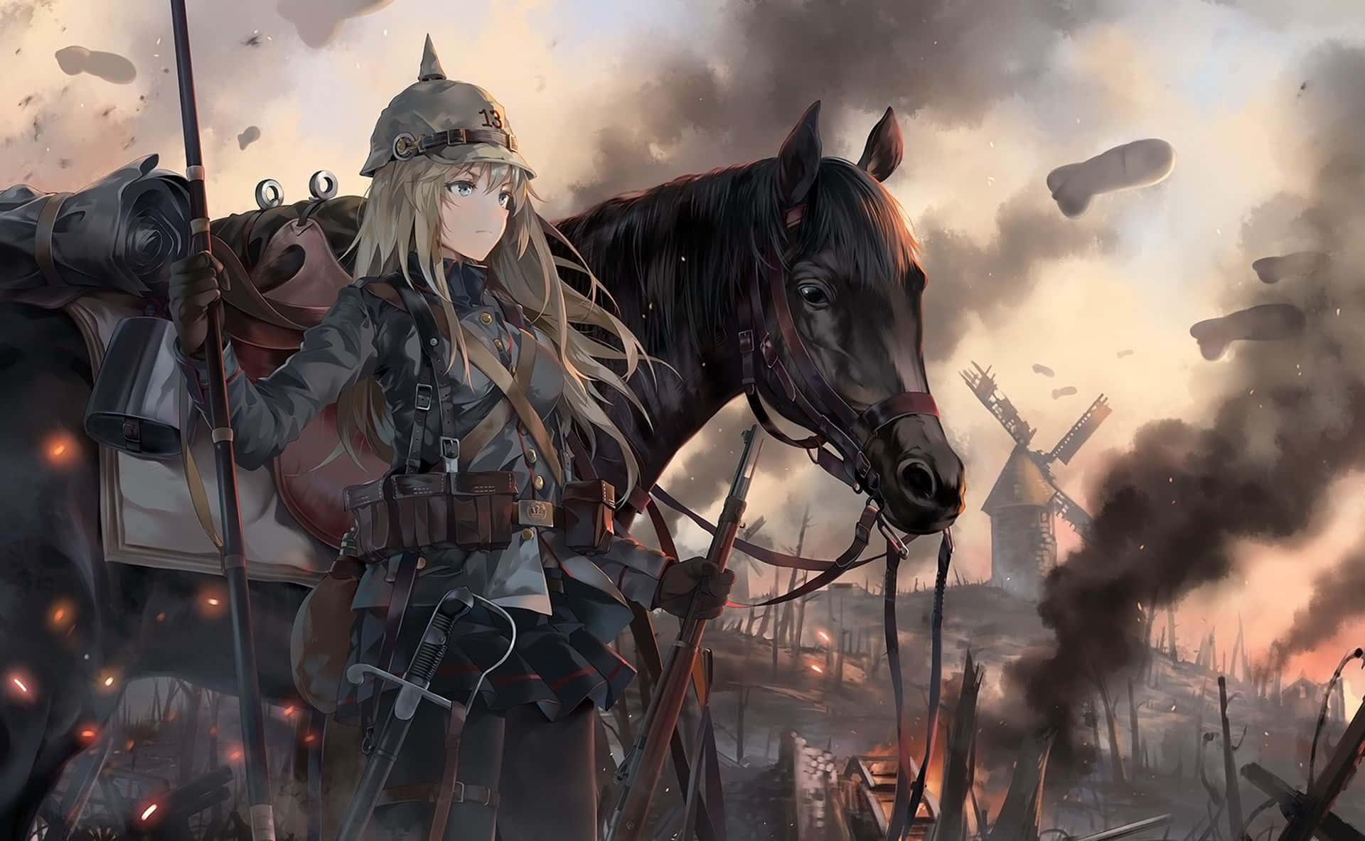 Anime War, blonde anime soldier, spiked helmet, Full HD Desktop Wallpaper