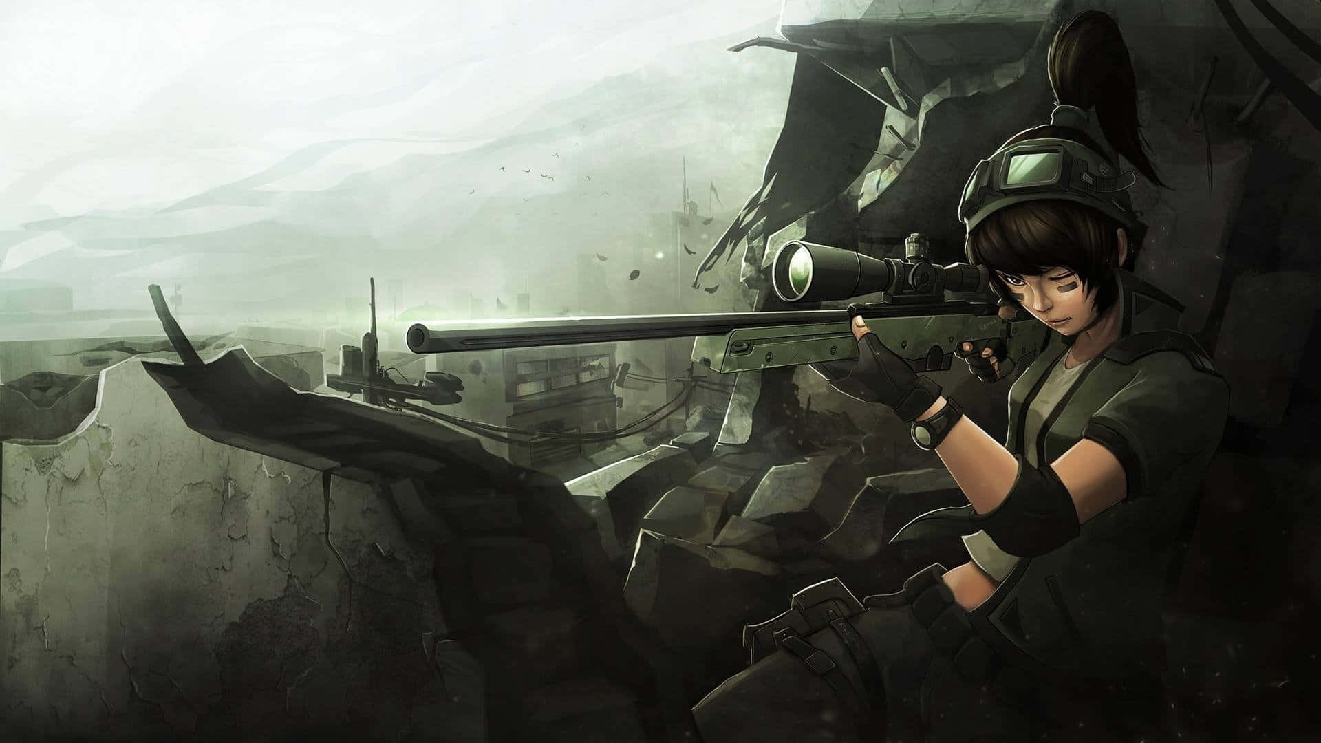 Anime War, female sniper, tactical gear, Full HD Desktop Wallpaper
