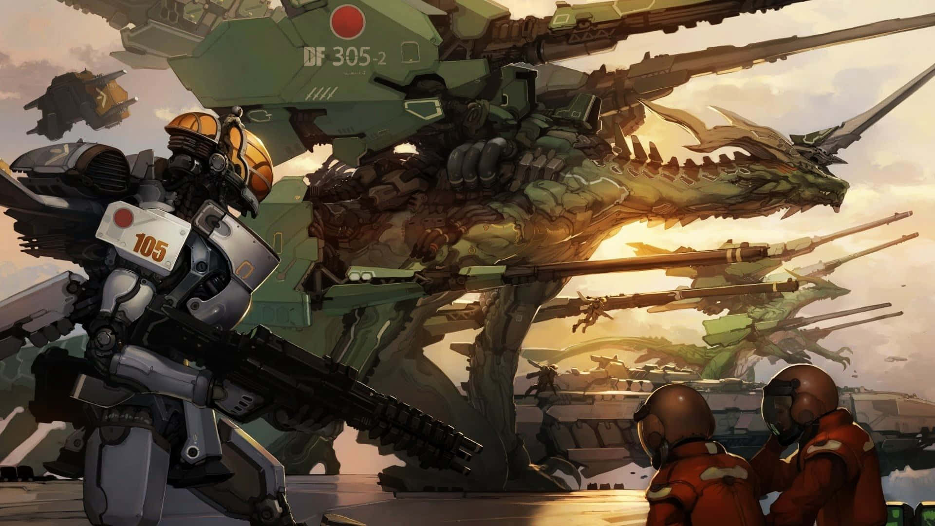 massive green armored mech, dragon-like features, multiple cannons, Full HD Desktop Wallpaper
