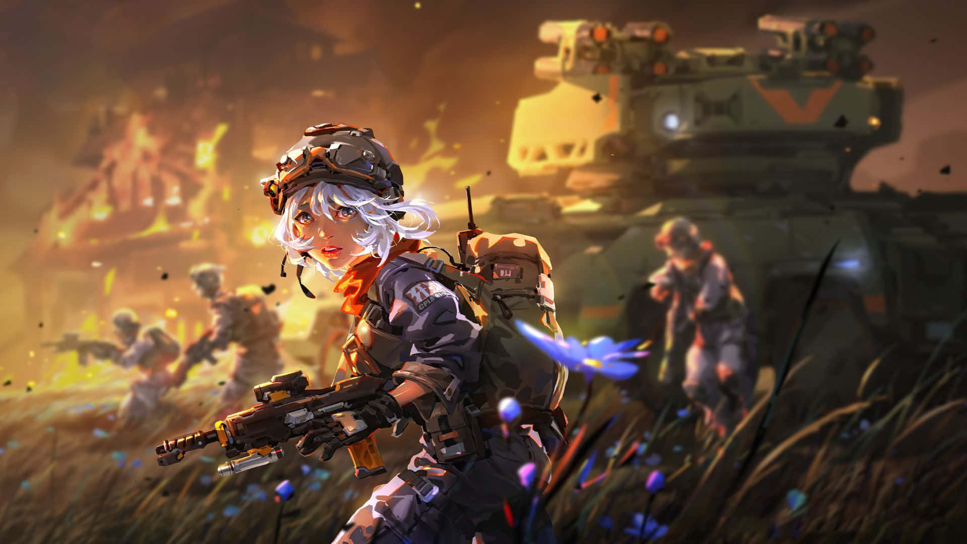 Anime War, white-haired soldier, combat gear, Full HD Desktop Wallpaper