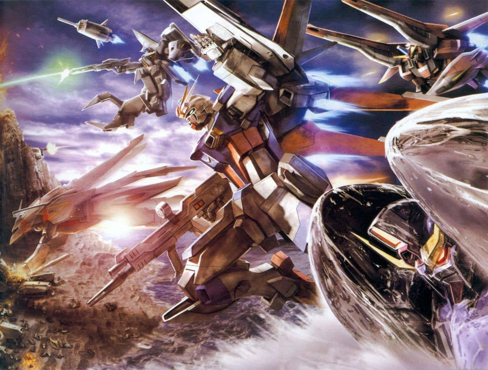 epic mecha battle scene, giant mechs, fiery sky, HD Desktop Wallpaper