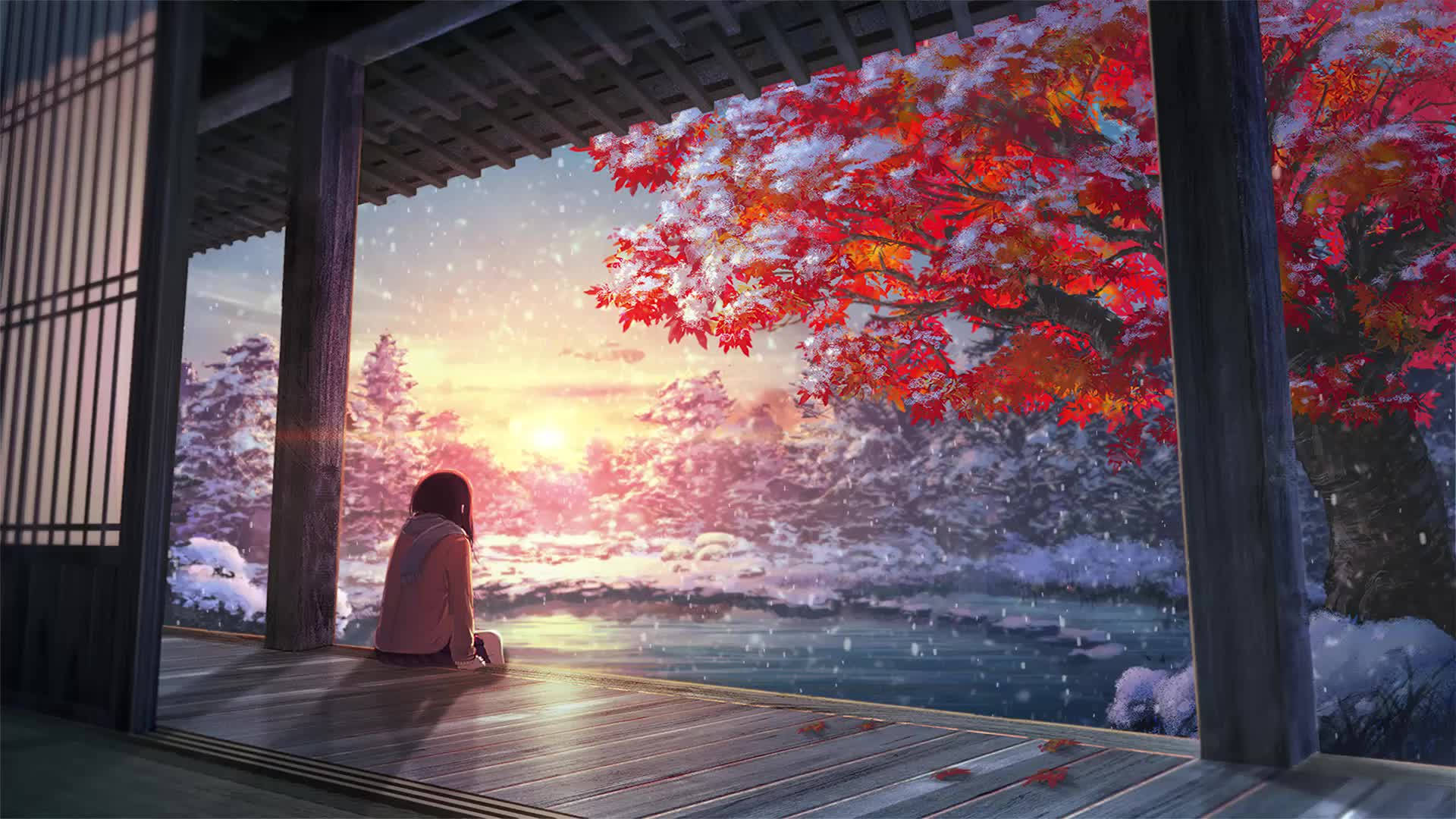 Japanese Anime Girl, wooden porch, vibrant red maple tree, Full HD Desktop Wallpaper