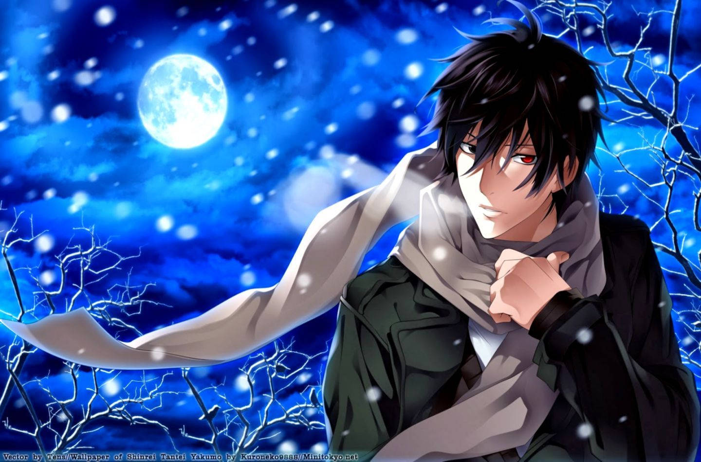 winter night, snow, anime boy, HD Desktop Wallpaper