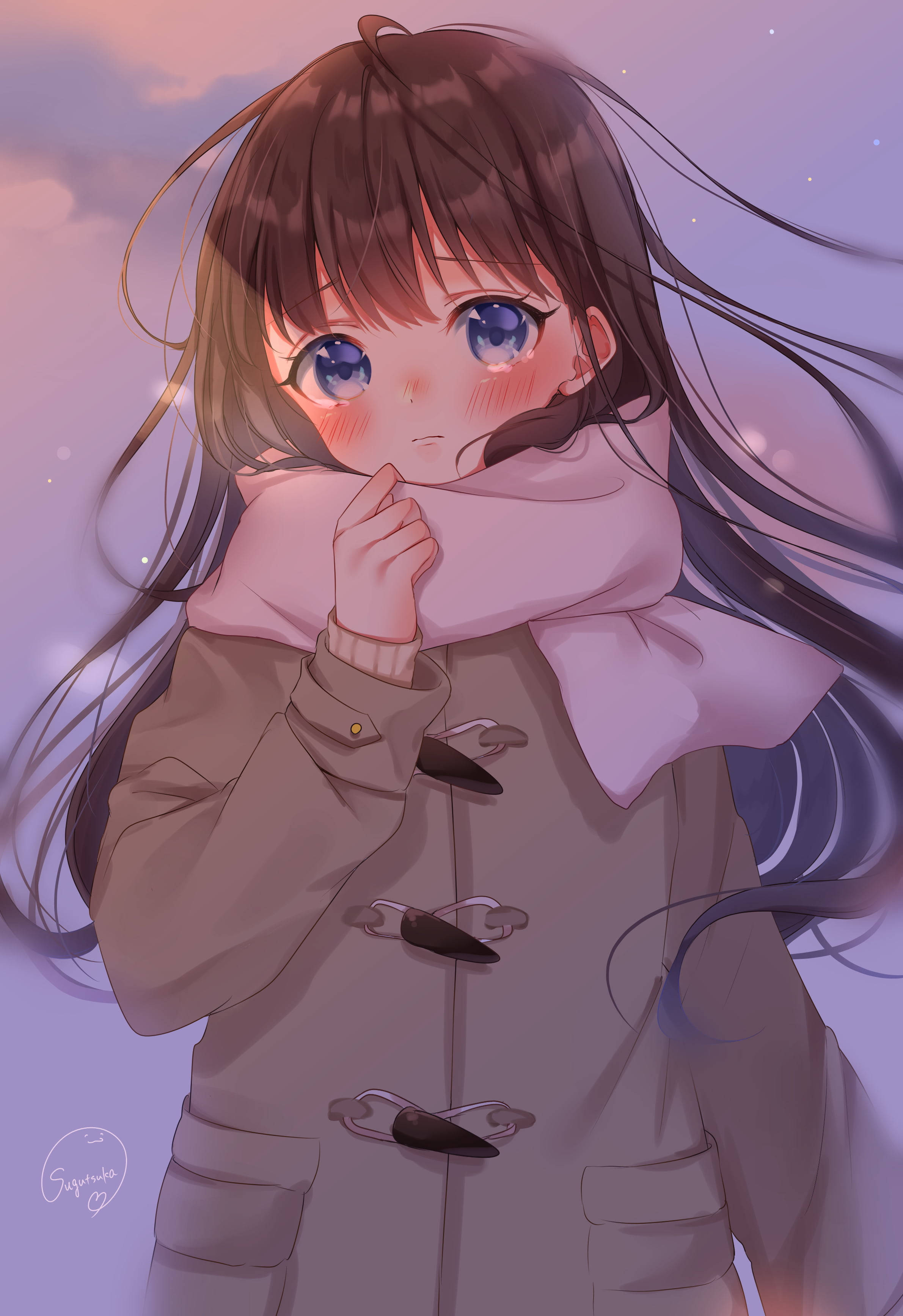 anime girl, long brown hair, blue eyes, 2K Phone Wallpaper