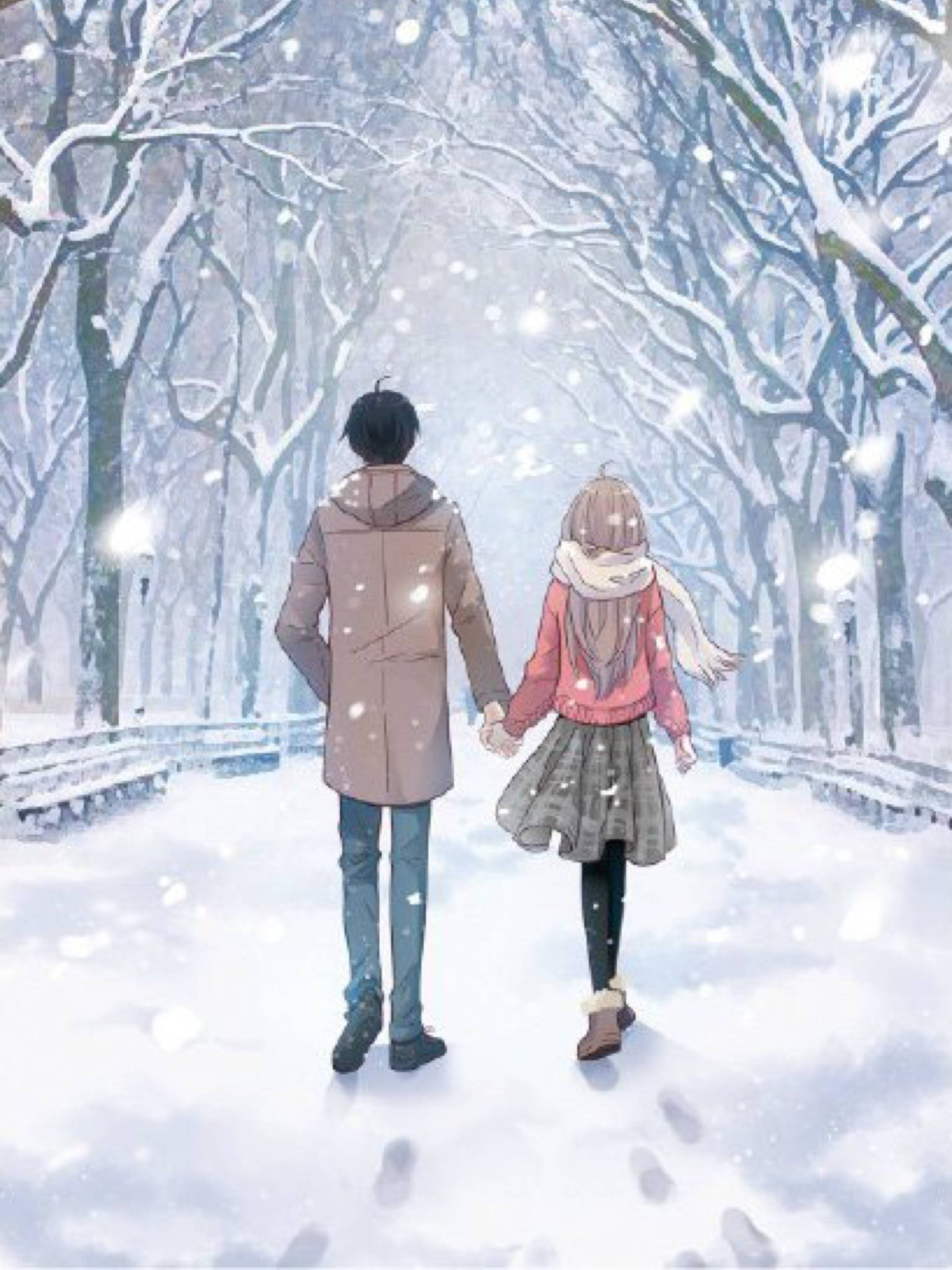 Japanese Anime Couple, winter, snow-covered path, Full HD Phone Wallpaper