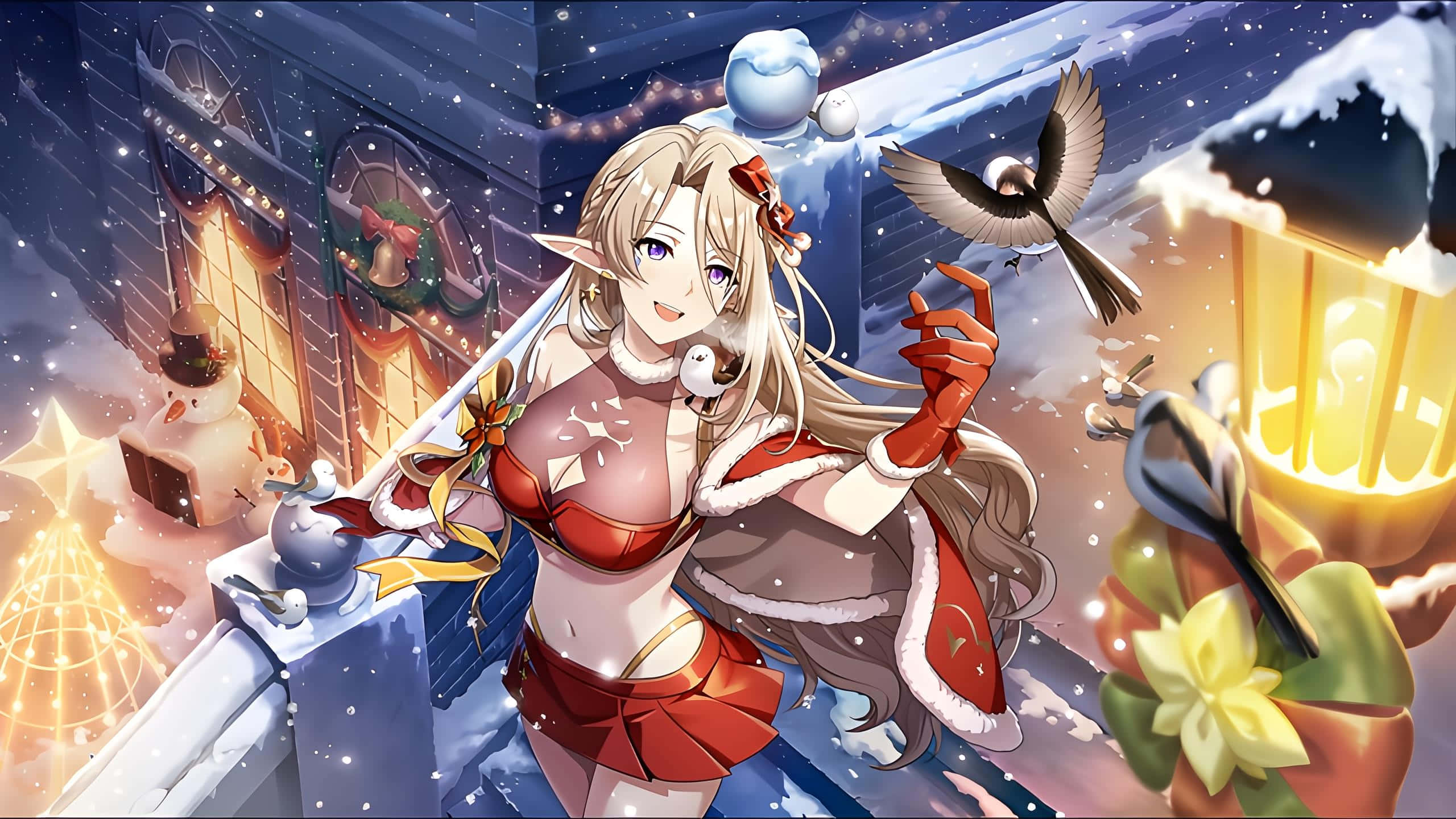 Winter, anime girl, red winter outfit, 2K Desktop Wallpaper