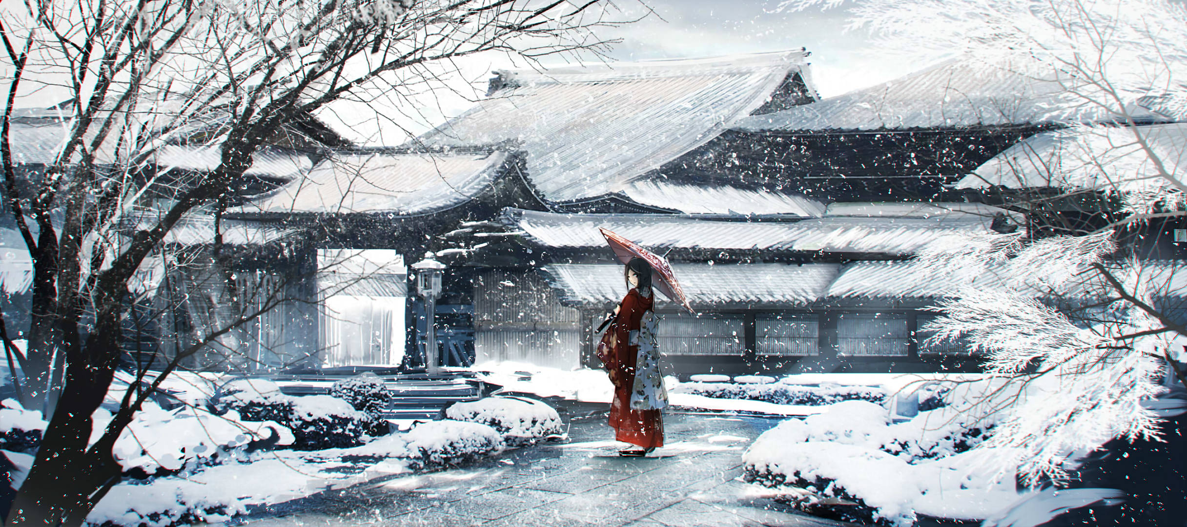 red kimono, matching umbrella, snow-covered Japanese temple courtyard, Full HD Desktop Wallpaper