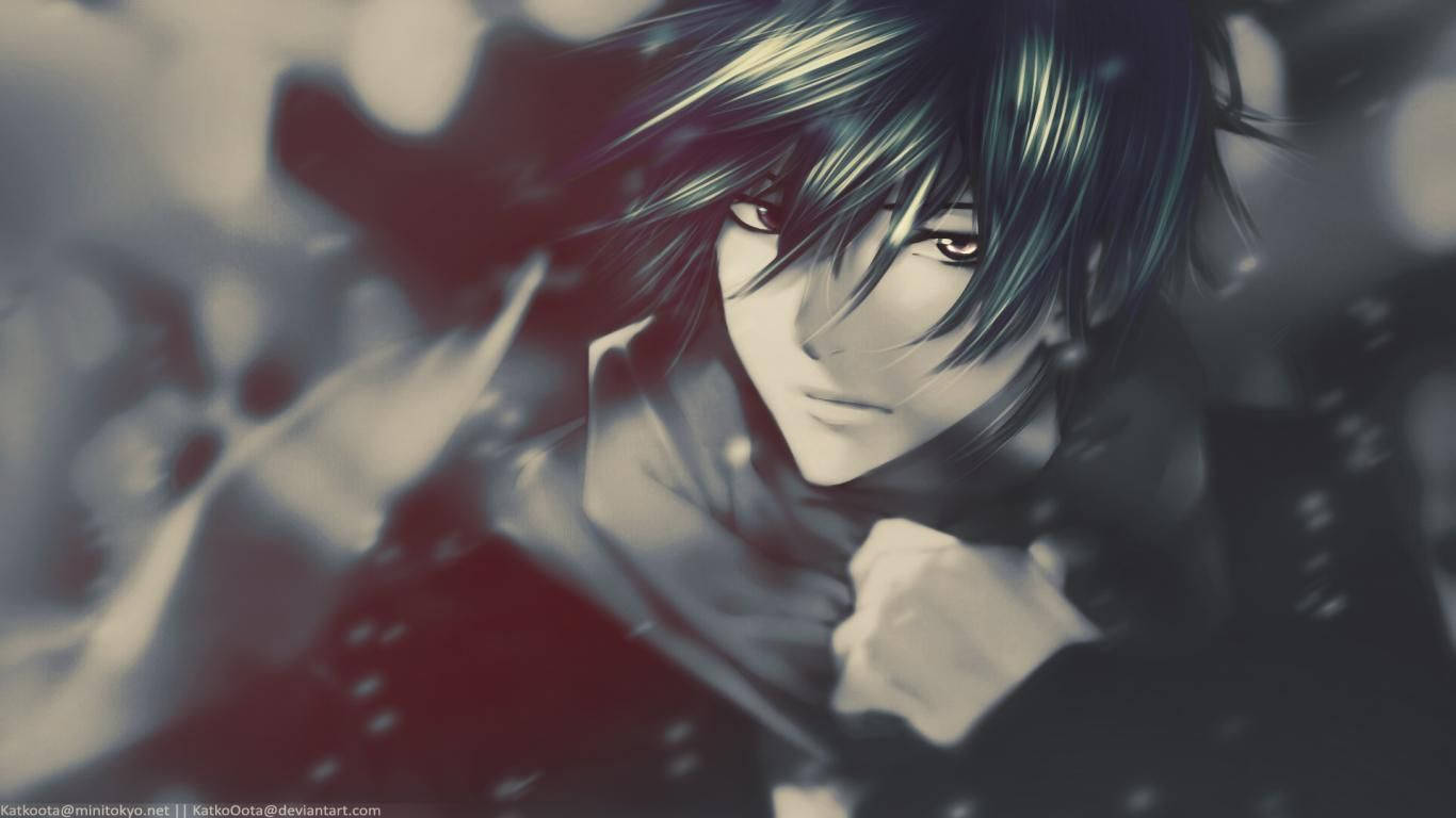 anime boy, dark teal hair, intense eyes, HD Desktop Wallpaper