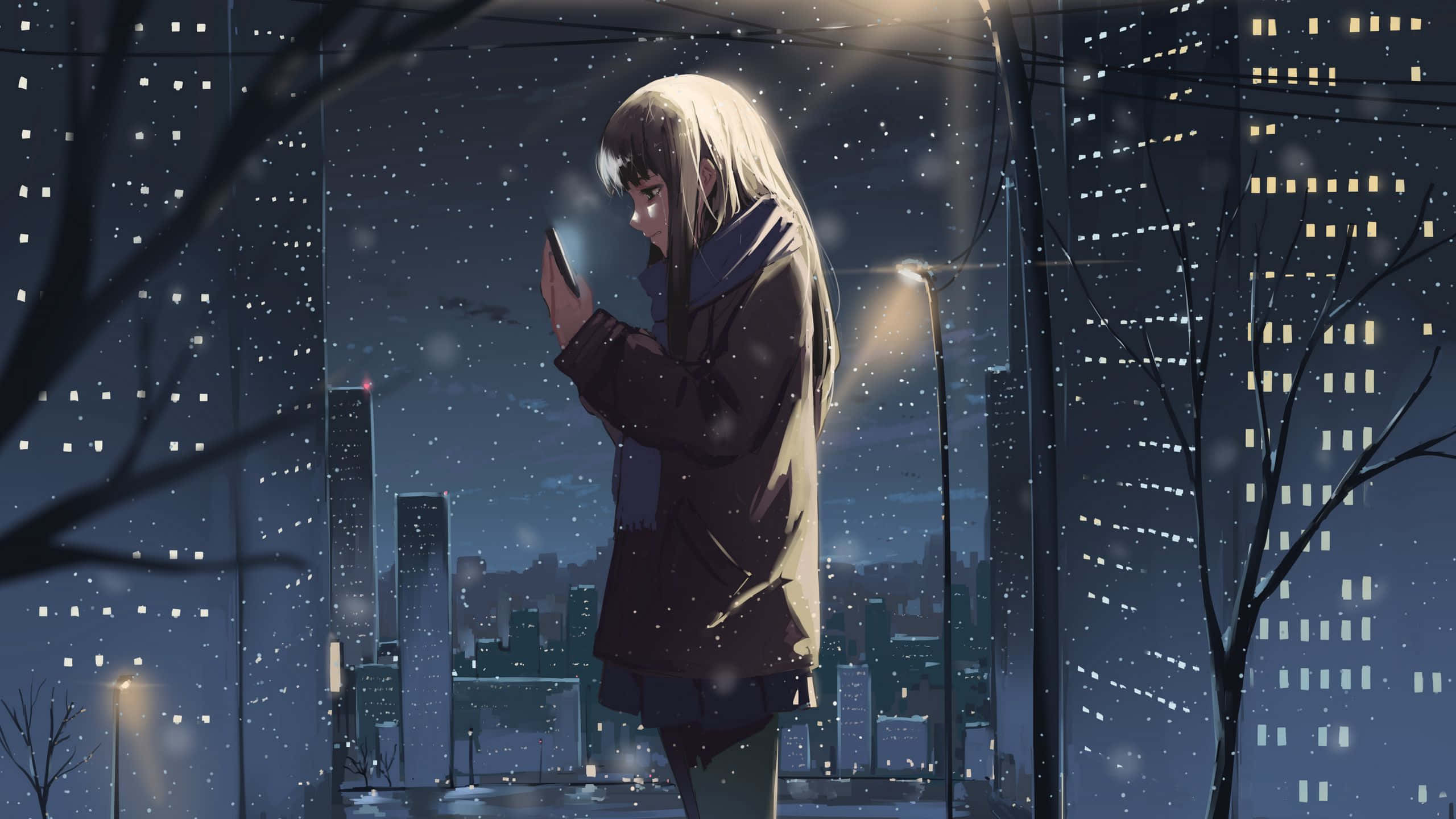 Winter Night Solitude, anime girl, long white hair, 2K Desktop Wallpaper