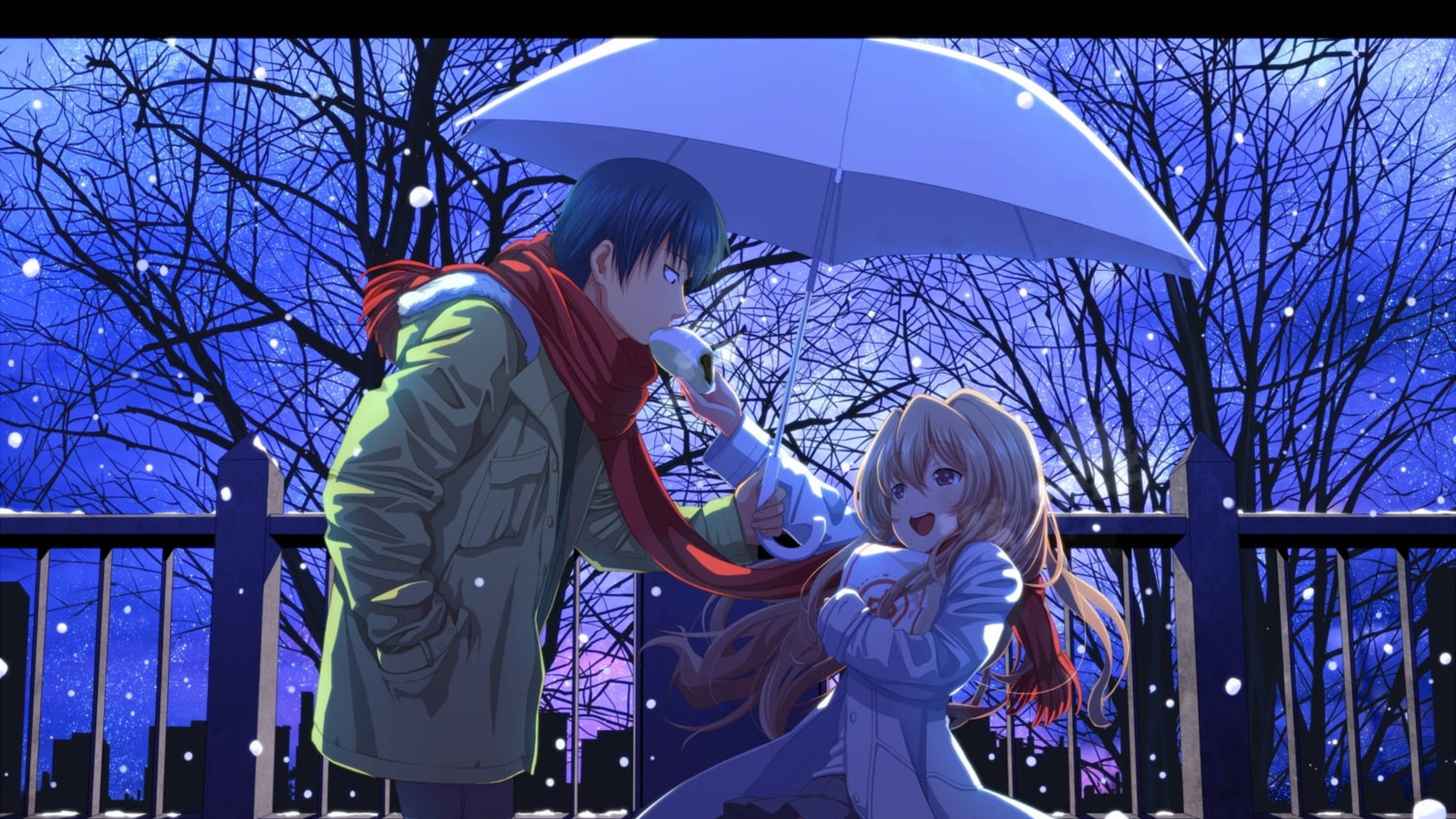 blue-haired anime boy, white umbrella, smiling girl, 5K Desktop Wallpaper