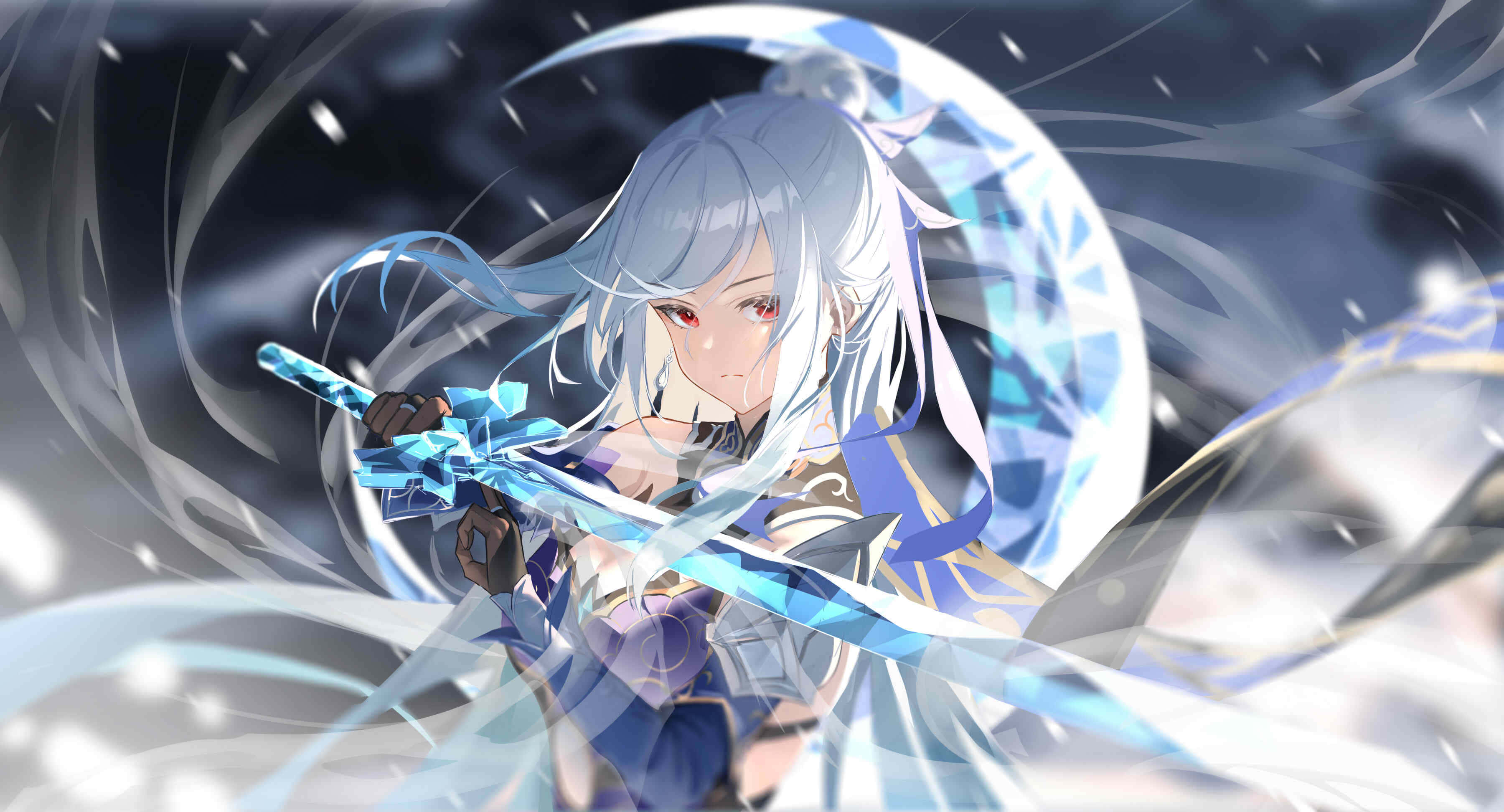 silver-haired anime girl, glowing blue sword, swirling moonlit backdrop, 2K Desktop Wallpaper