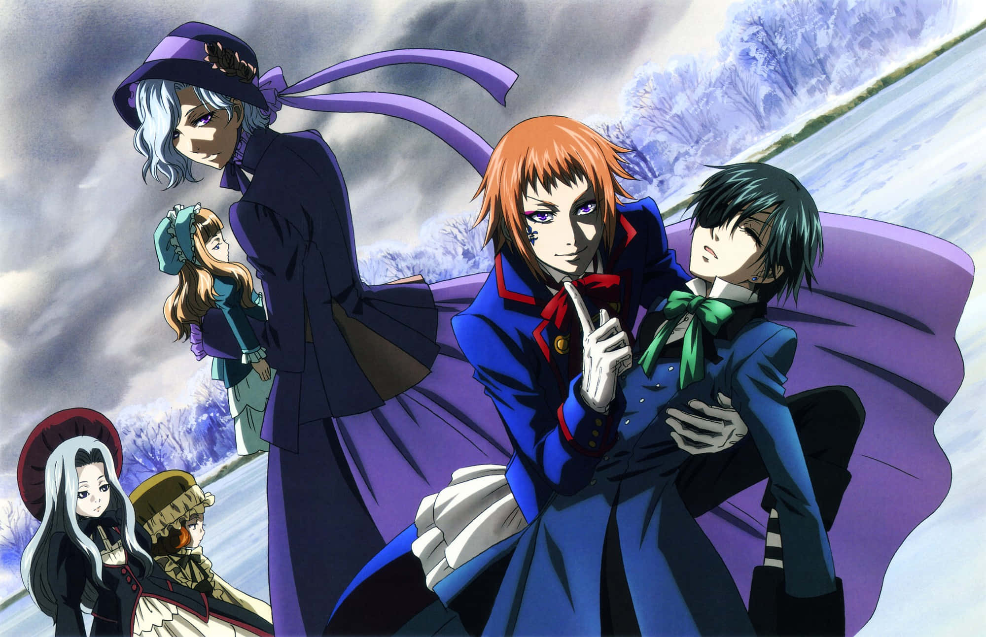 anime characters, formal attire, snowy cliffside, Full HD Desktop Wallpaper