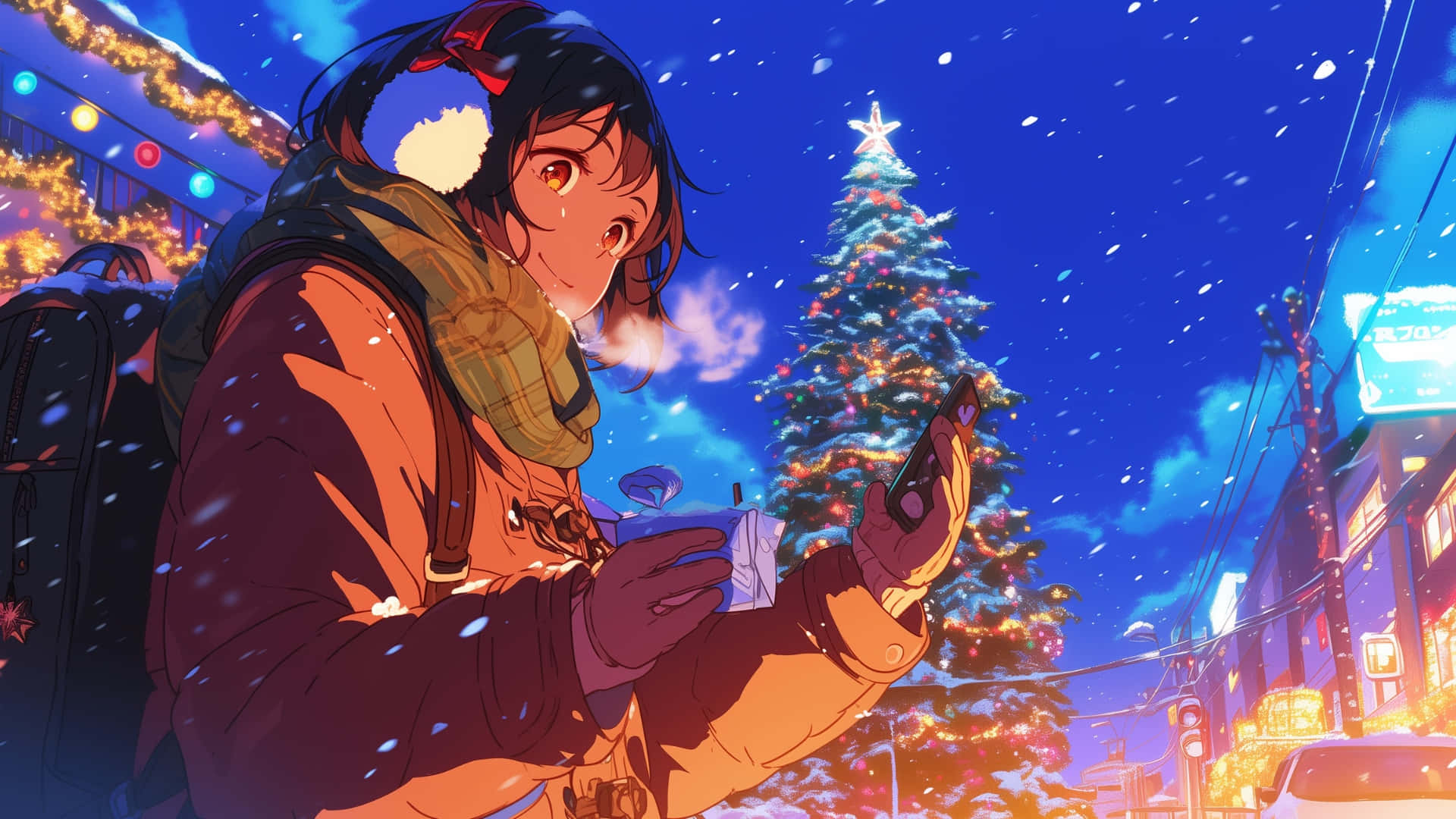 Winter Anime Night Scene, young woman, winter gear, Full HD Desktop Wallpaper