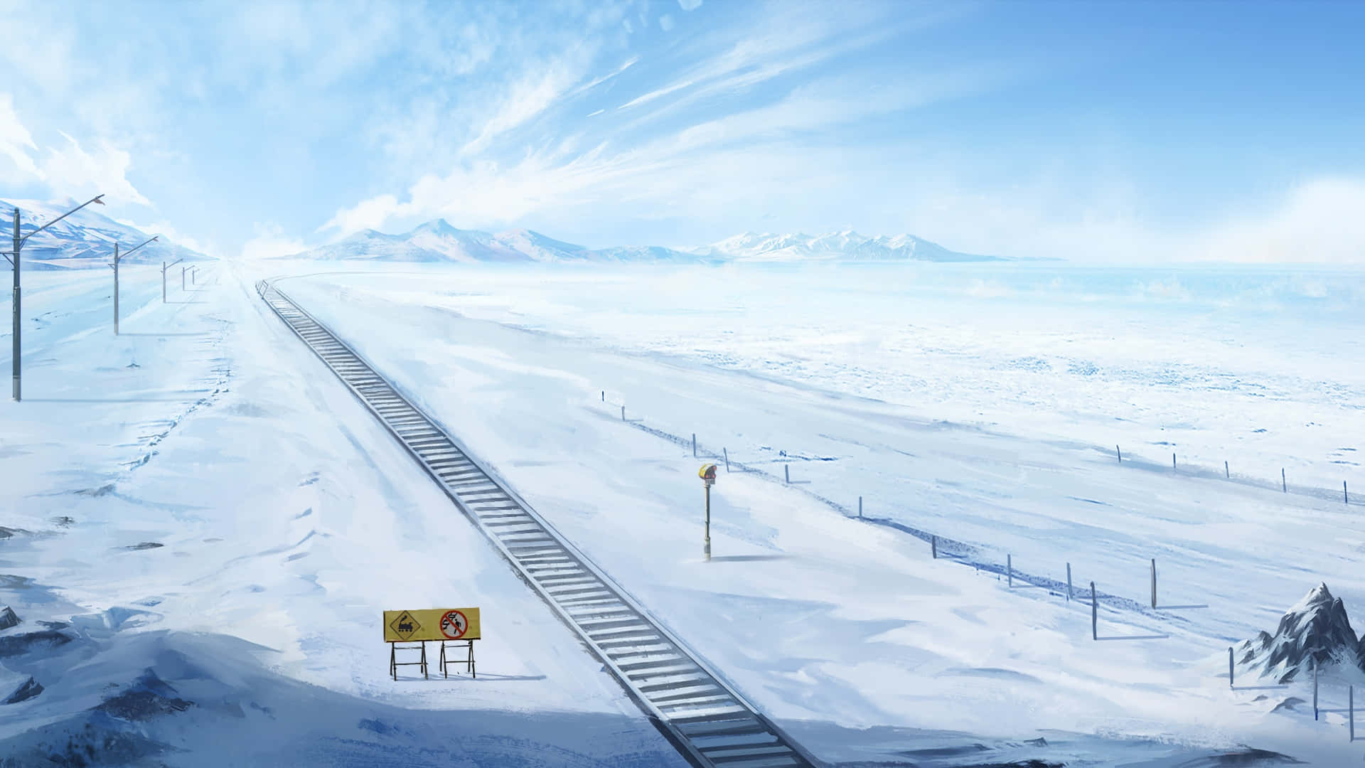 winter anime landscape, snow-covered railway track, bright blue sky, Full HD Desktop Wallpaper