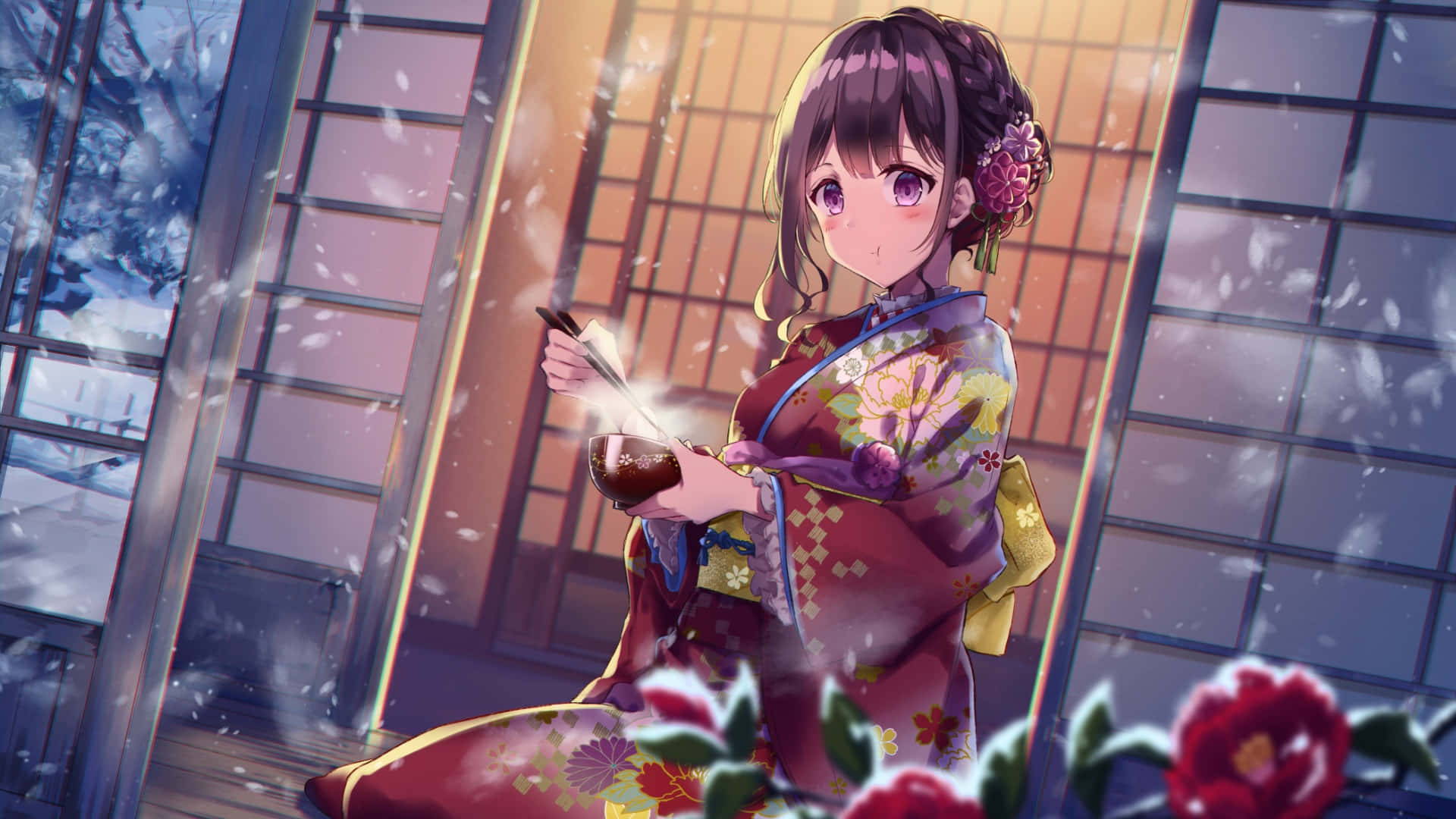 Anime Winter, floral kimono, glowing cup, Full HD Desktop Wallpaper