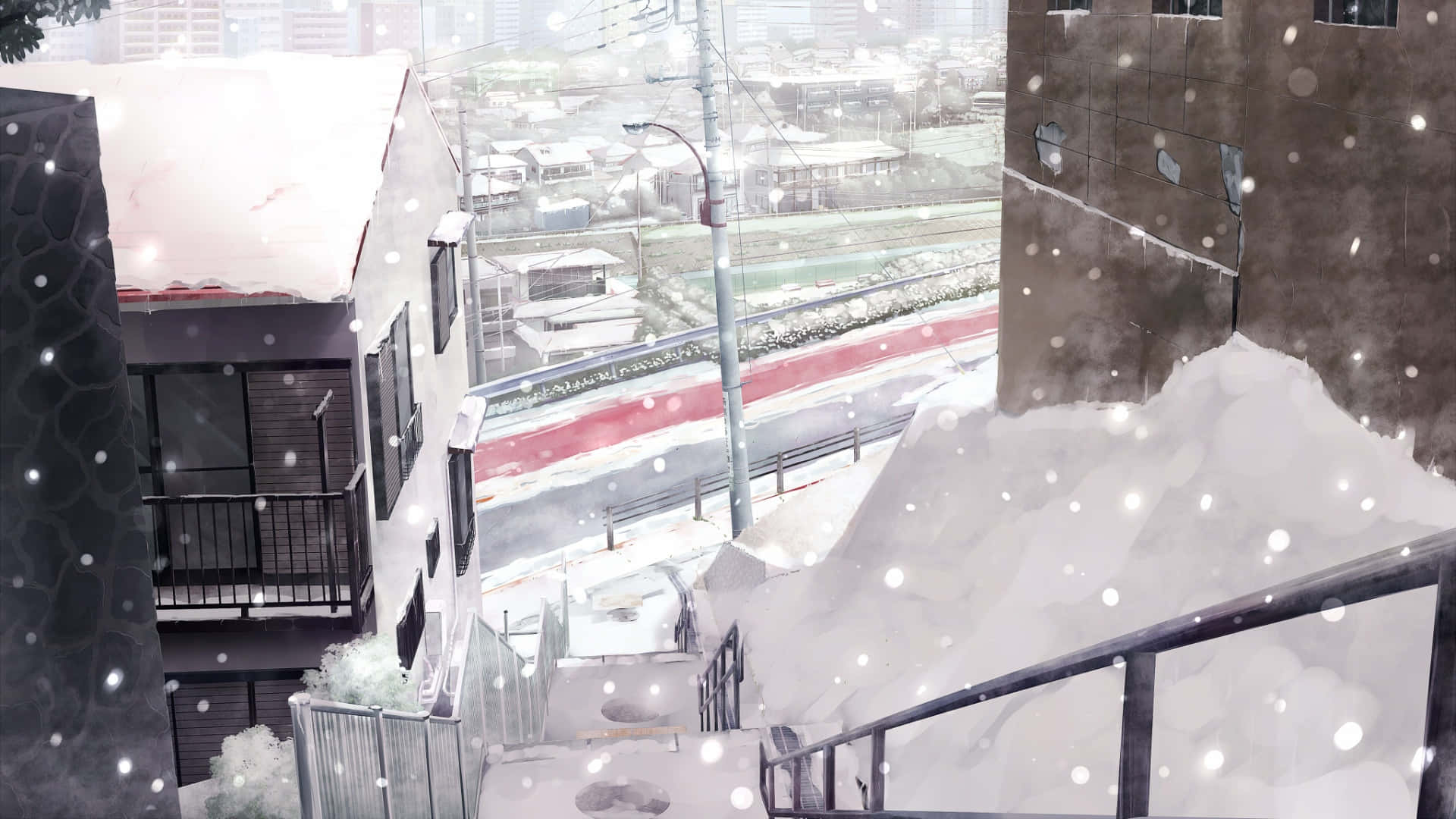 snowy anime winter scene, urban alleyway, buildings, Full HD Desktop Wallpaper